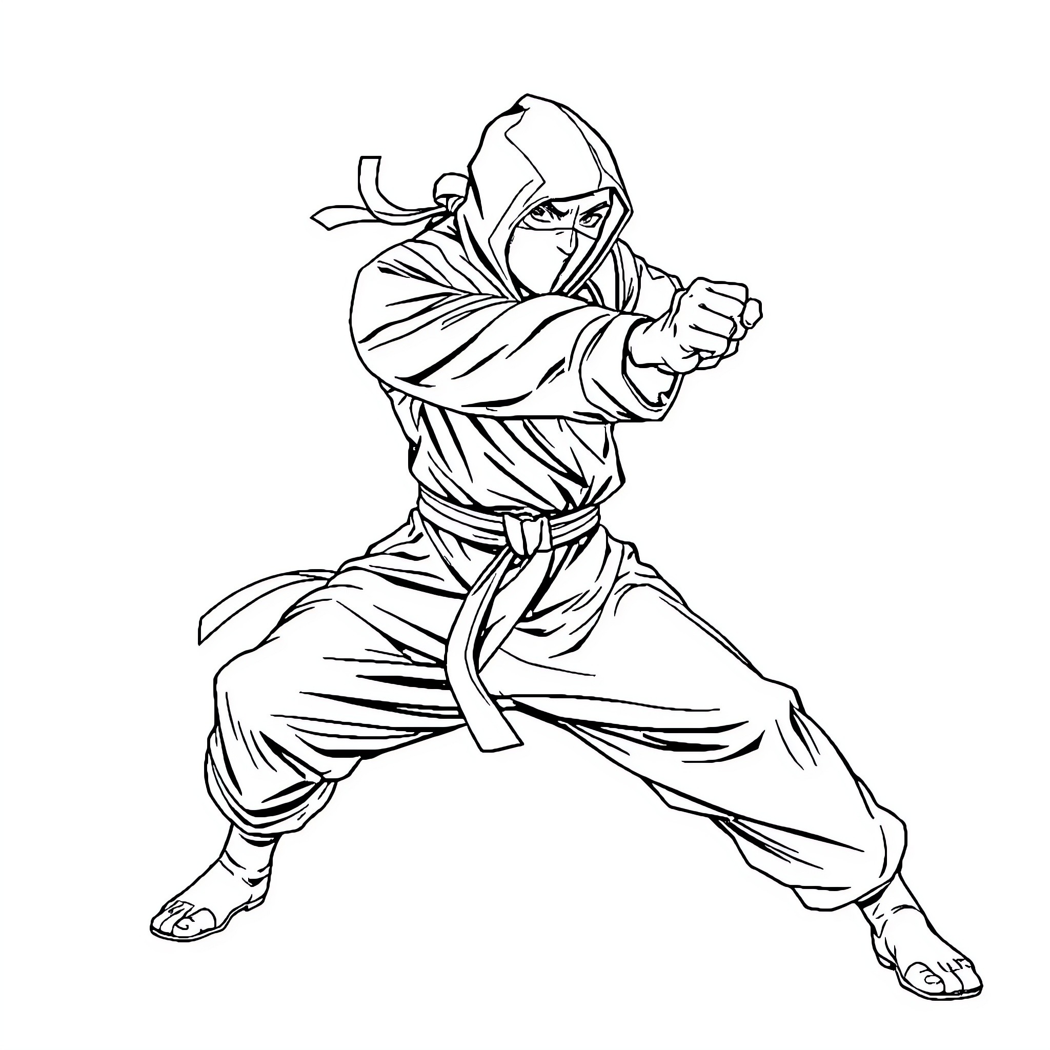 Ninja in Focused Combat Stance Coloring Page (free black-and-white line drawing printable PDF for all, from beginners to advanced learners, including children, teens, adults, and seniors)