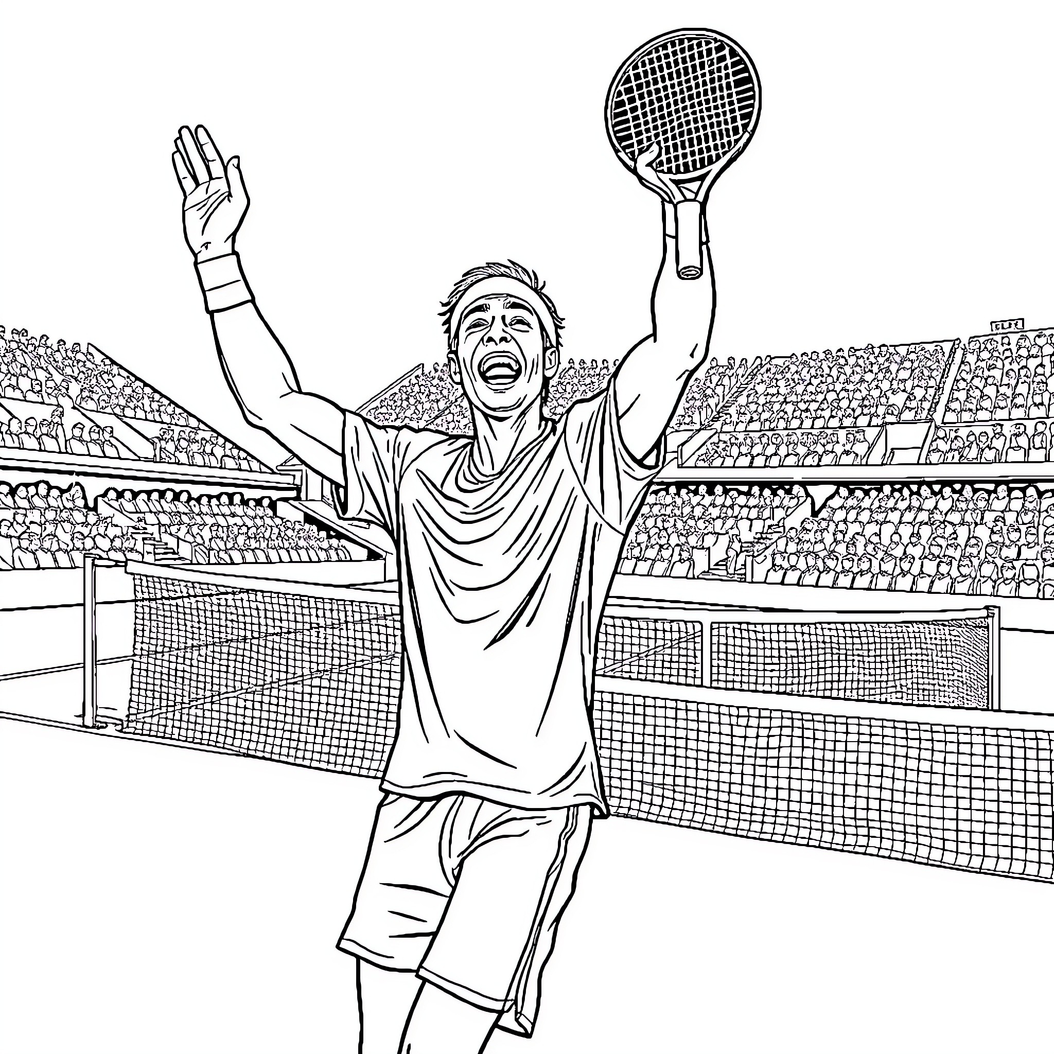 Tennis Player Celebrating Victory on the Court Coloring Page (free black-and-white line drawing printable PDF for all, from beginners to advanced learners, including children, teens, adults, and seniors)