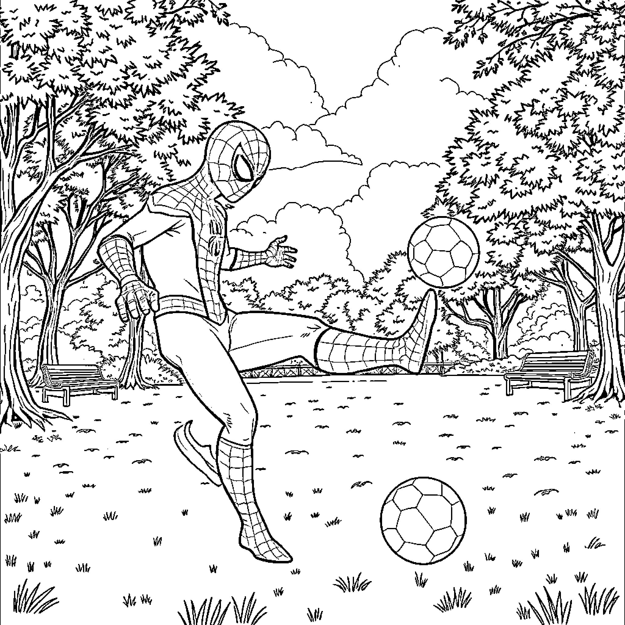 Spider-Man Playing Soccer in the Park Coloring Page (free black-and-white line drawing printable PDF for all, from beginners to advanced learners, including children, teens, adults, and seniors)