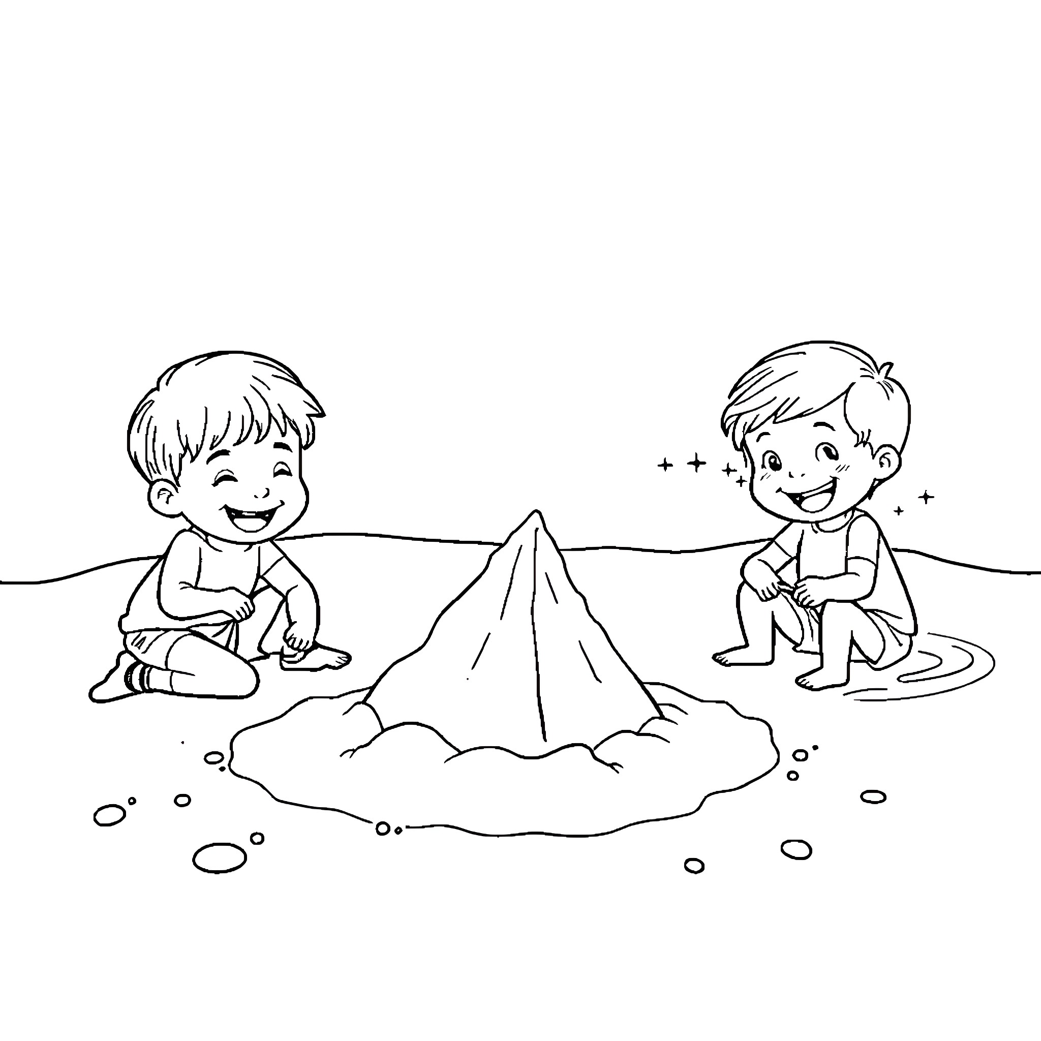 Kids building sandcastles on the beach Coloring Page (free black-and-white line drawing printable PDF for all, from beginners to advanced learners, including children, teens, adults, and seniors)