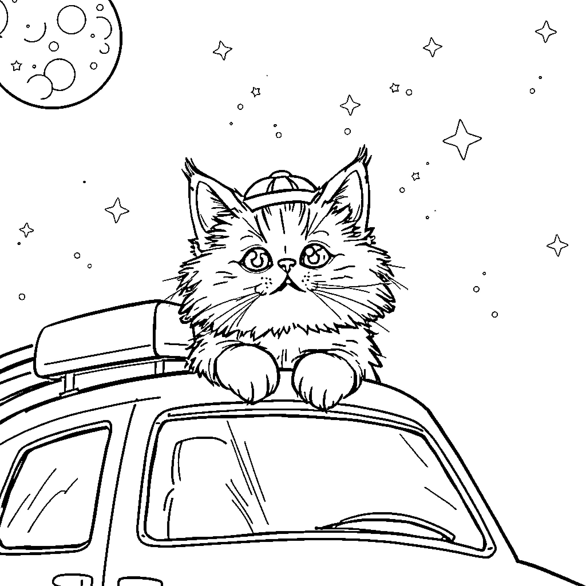 Cat in a car under the starry night sky Coloring Page (free black-and-white line drawing printable PDF for all, from beginners to advanced learners, including children, teens, adults, and seniors)