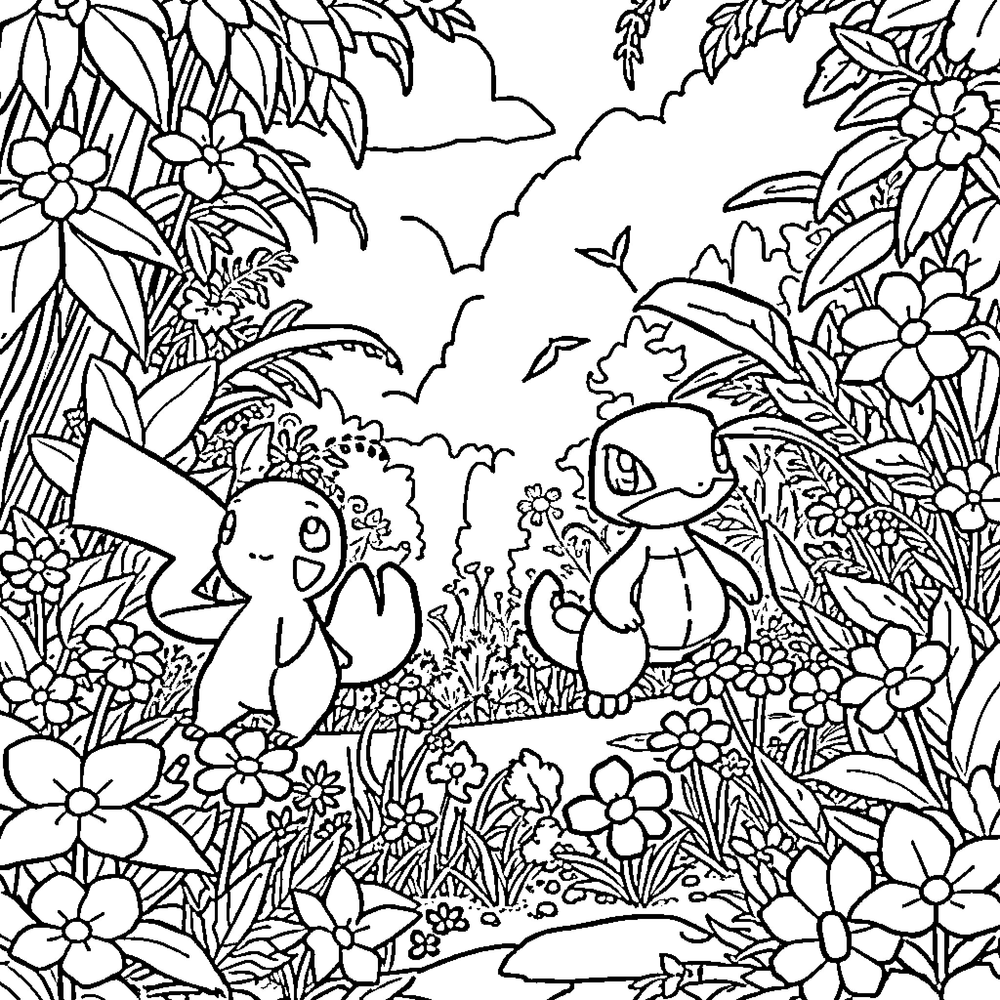 Mudkip's Whimsical Adventure in the Floral Wonderland Coloring Page (free black-and-white line drawing printable PDF for all, from beginners to advanced learners, including children, teens, adults, and seniors)