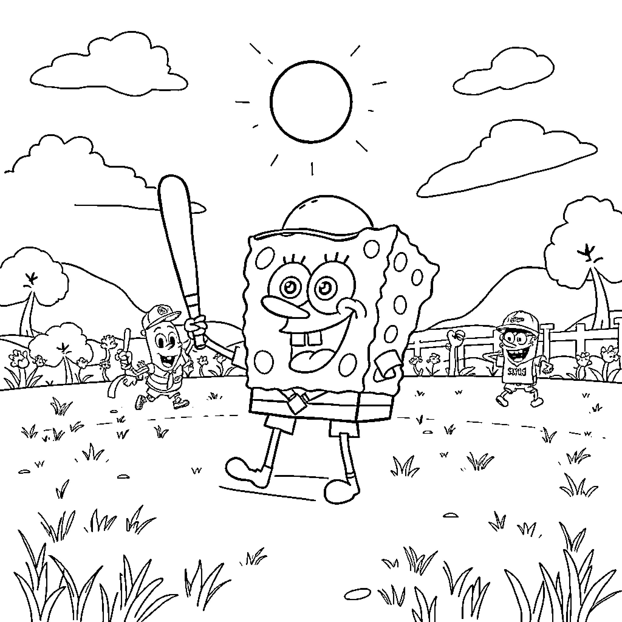 Spongebob enjoying a sunny day outdoors Coloring Page (free black-and-white line drawing printable PDF for all, from beginners to advanced learners, including children, teens, adults, and seniors)