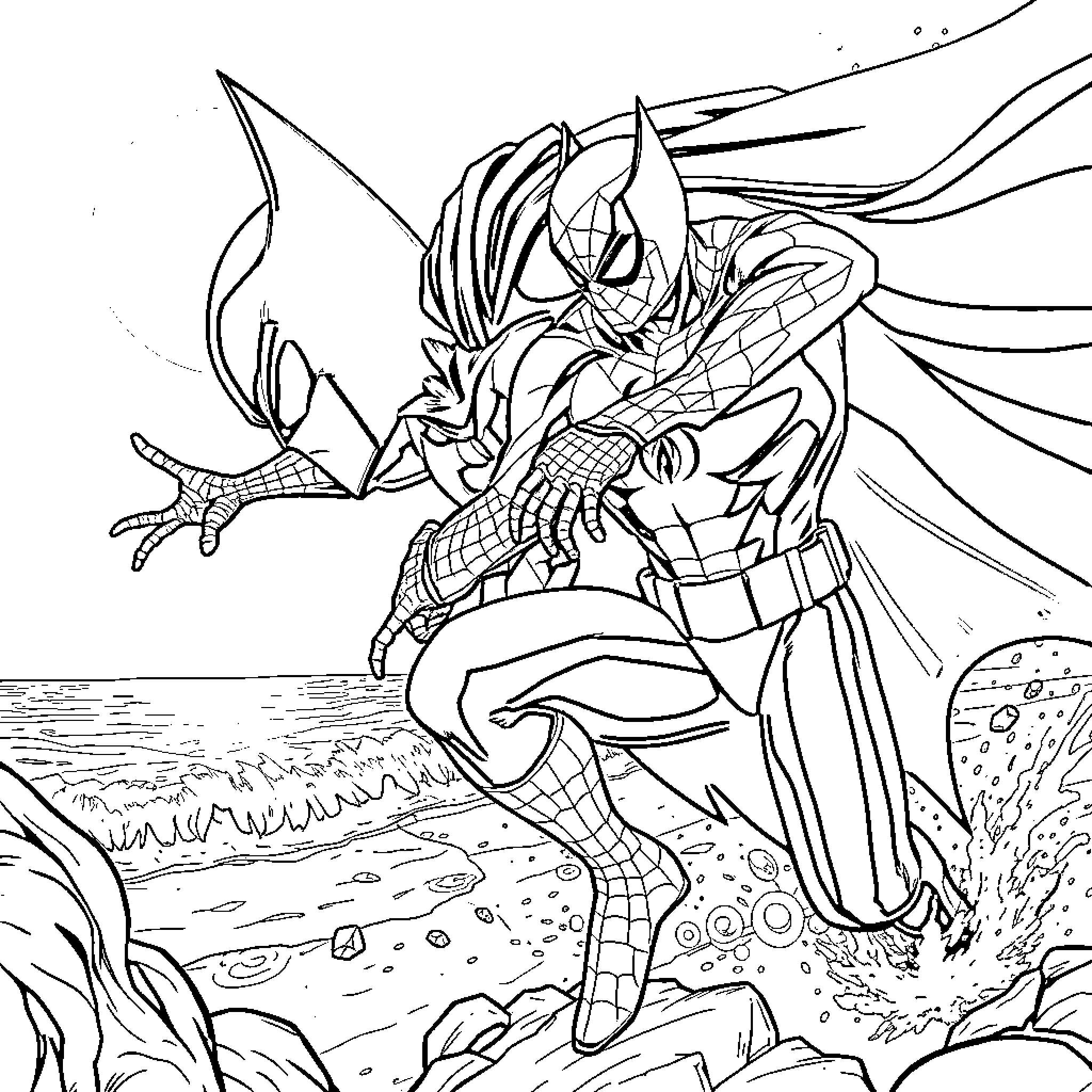 Spider-Man battling underwater foes in an action-packed scene Coloring Page (free black-and-white line drawing printable PDF for all, from beginners to advanced learners, including children, teens, adults, and seniors)