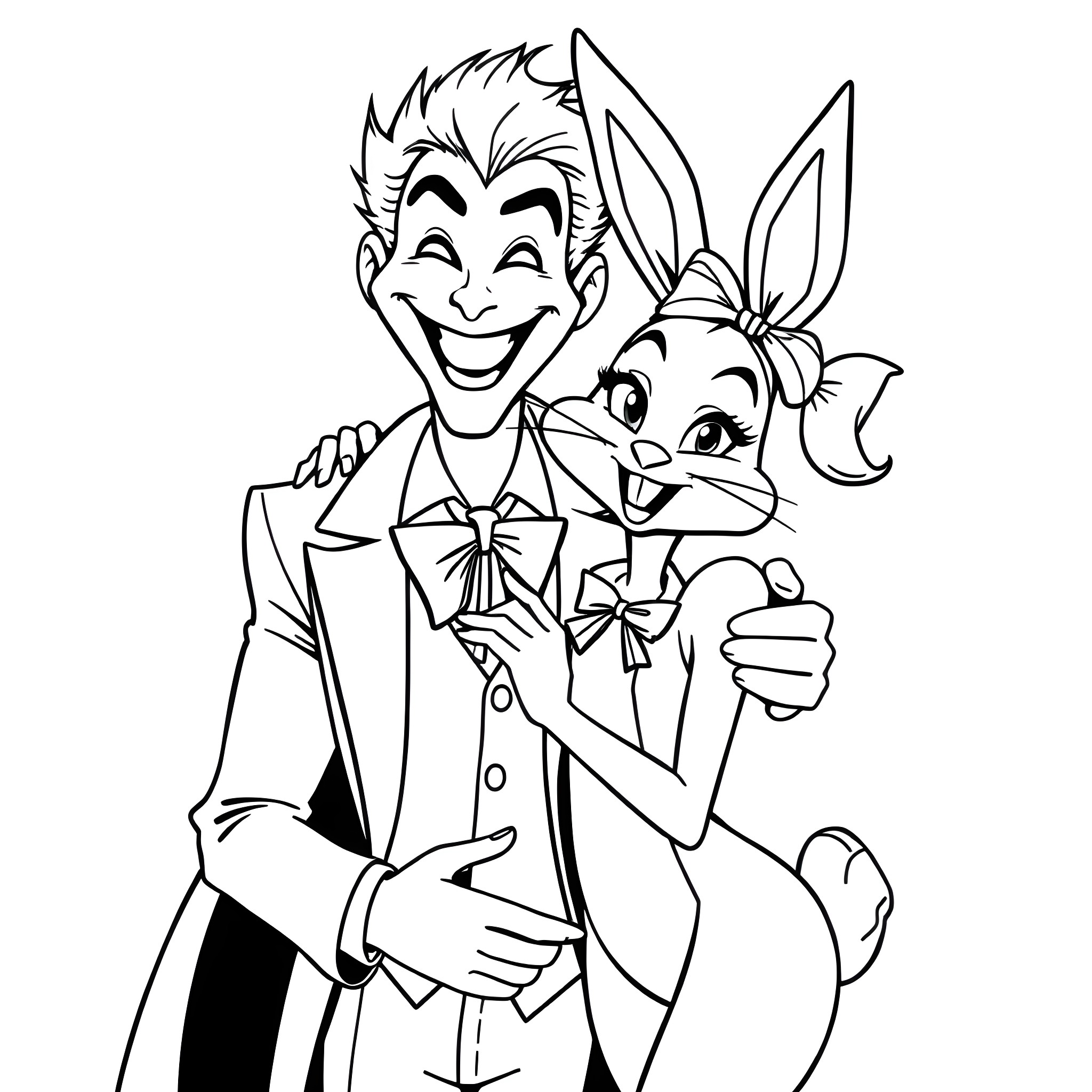 Joker and his partner enjoy a mischievous moment Coloring Page (free black-and-white line drawing printable PDF for all, from beginners to advanced learners, including children, teens, adults, and seniors)