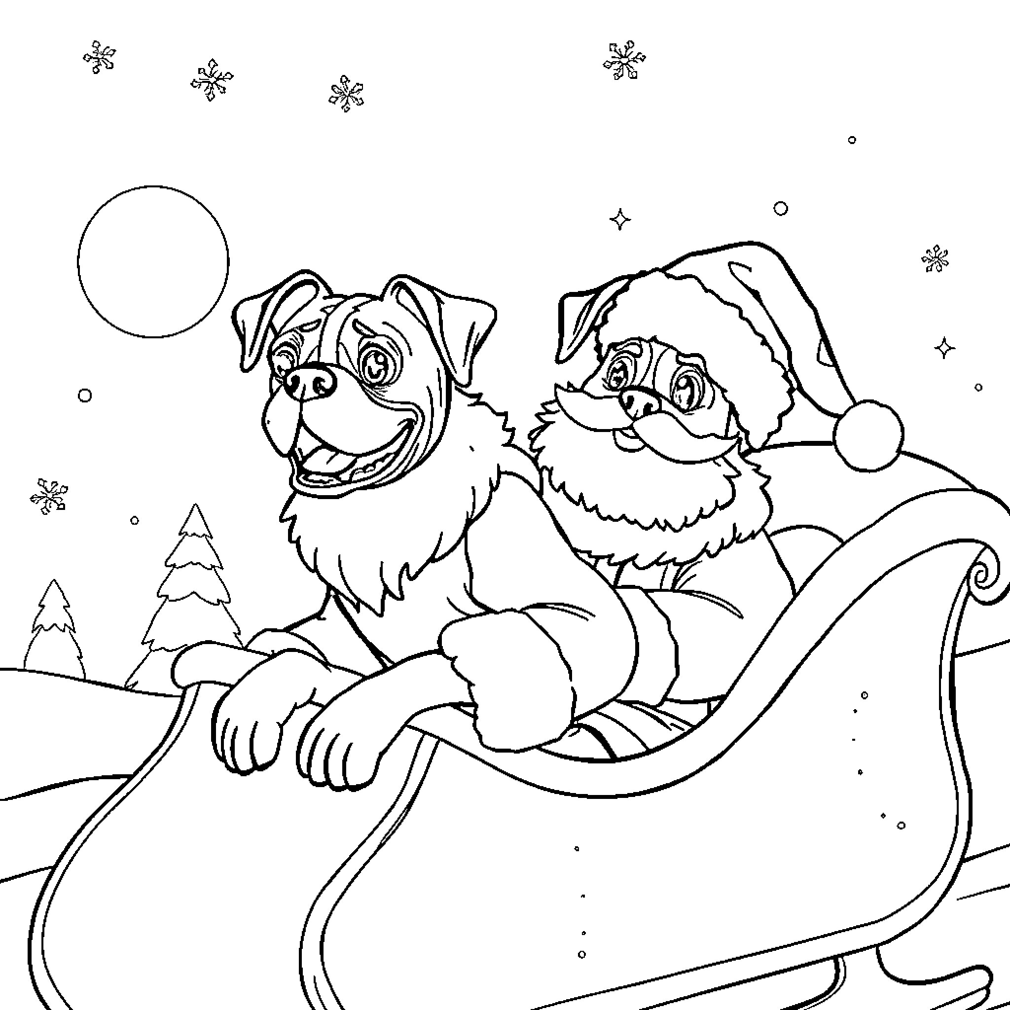 Boxer dogs playing in winter sleigh Coloring Page (free black-and-white line drawing printable PDF for all, from beginners to advanced learners, including children, teens, adults, and seniors)
