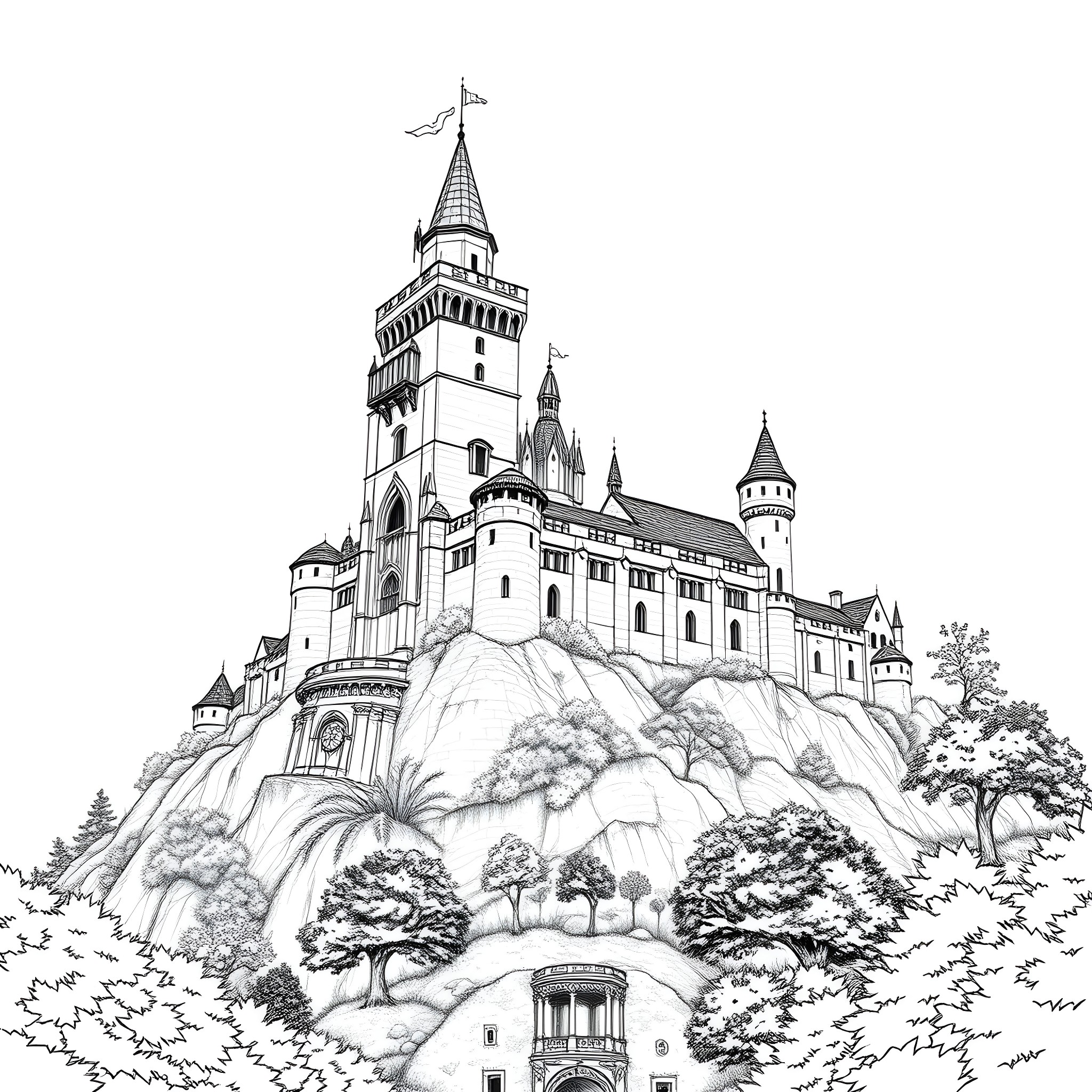 Castle on a Clifftop with Elaborate Towers and Turrets Coloring Page (free black-and-white line drawing printable PDF for all, from beginners to advanced learners, including children, teens, adults, and seniors)