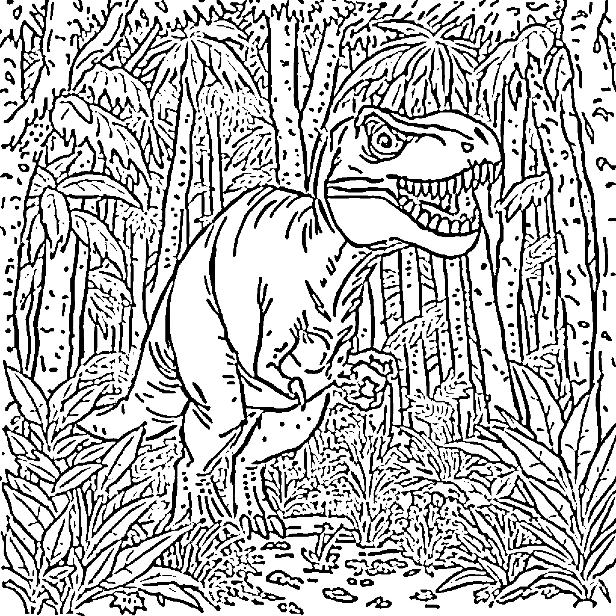 T-Rex exploring the dense jungle landscape Coloring Page (free black-and-white line drawing printable PDF for all, from beginners to advanced learners, including children, teens, adults, and seniors)