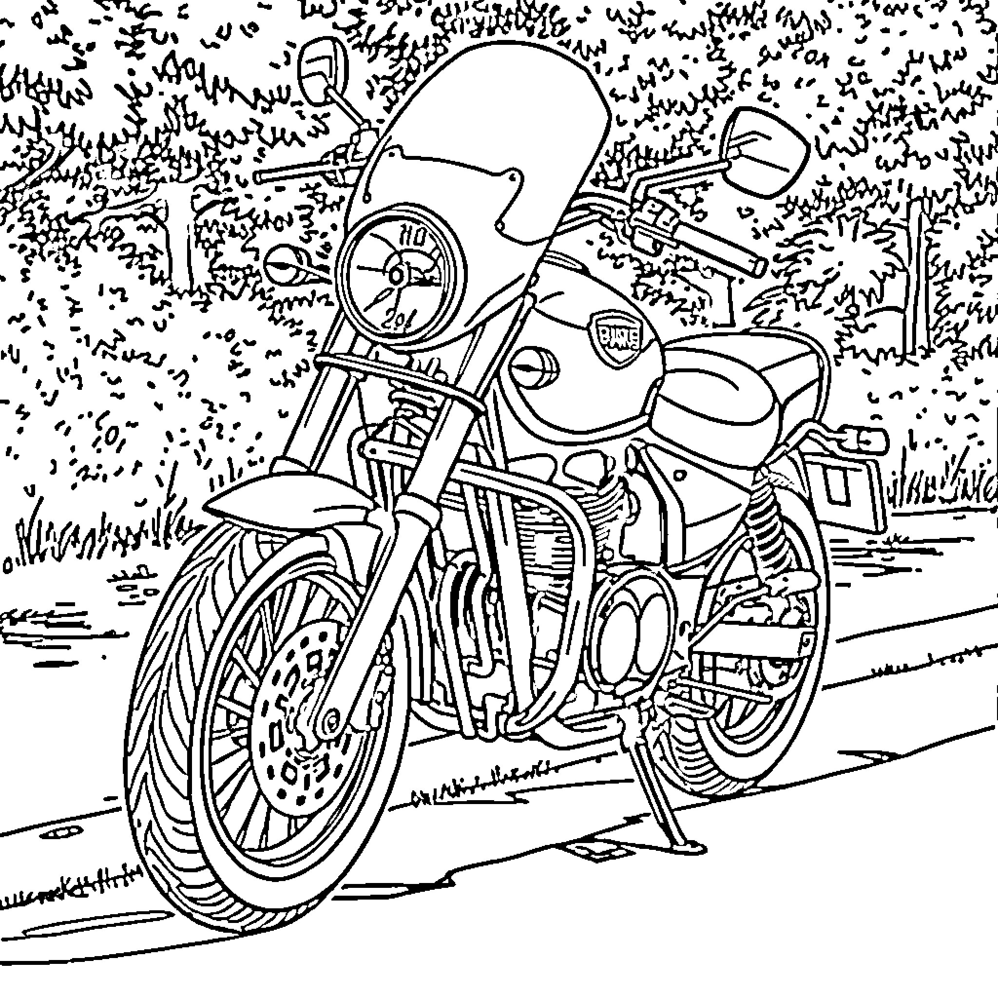 Motorbike riding on a scenic trail Coloring Page (free black-and-white line drawing printable PDF for all, from beginners to advanced learners, including children, teens, adults, and seniors)