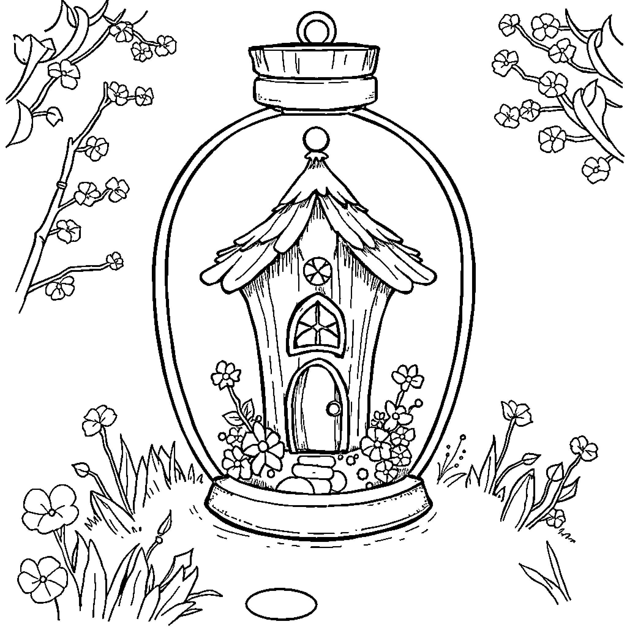 Fairy House in a Whimsical Garden Coloring Page (free black-and-white line drawing printable PDF for all, from beginners to advanced learners, including children, teens, adults, and seniors)