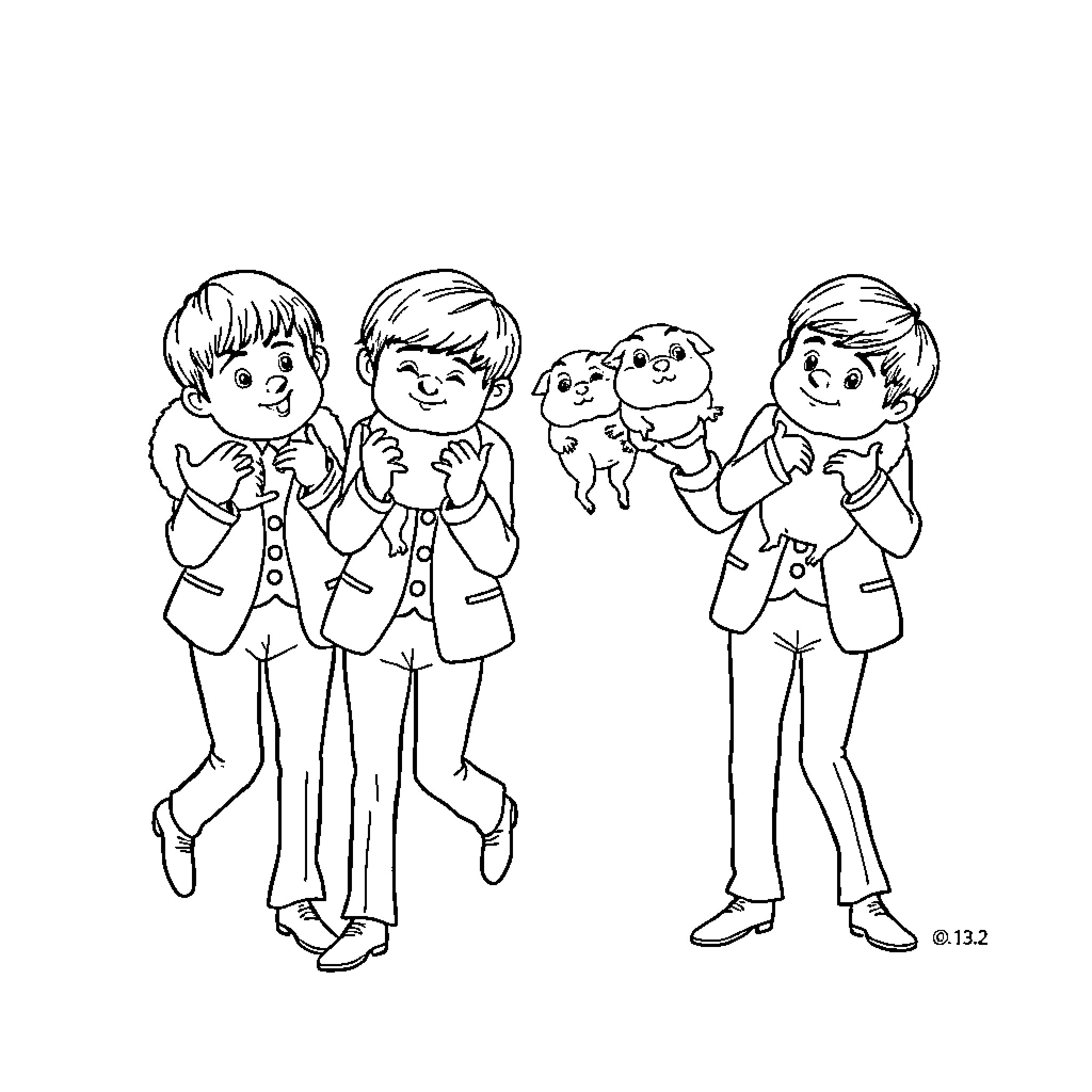 Beatles performing with cute puppy companions Coloring Page (free black-and-white line drawing printable PDF for all, from beginners to advanced learners, including children, teens, adults, and seniors)