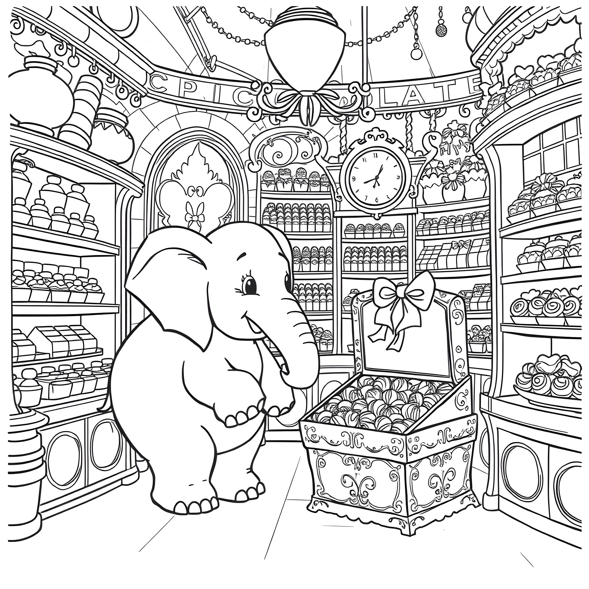Elephant exploring a whimsical confectionery shop Coloring Page (free black-and-white line drawing printable PDF for all, from beginners to advanced learners, including children, teens, adults, and seniors)