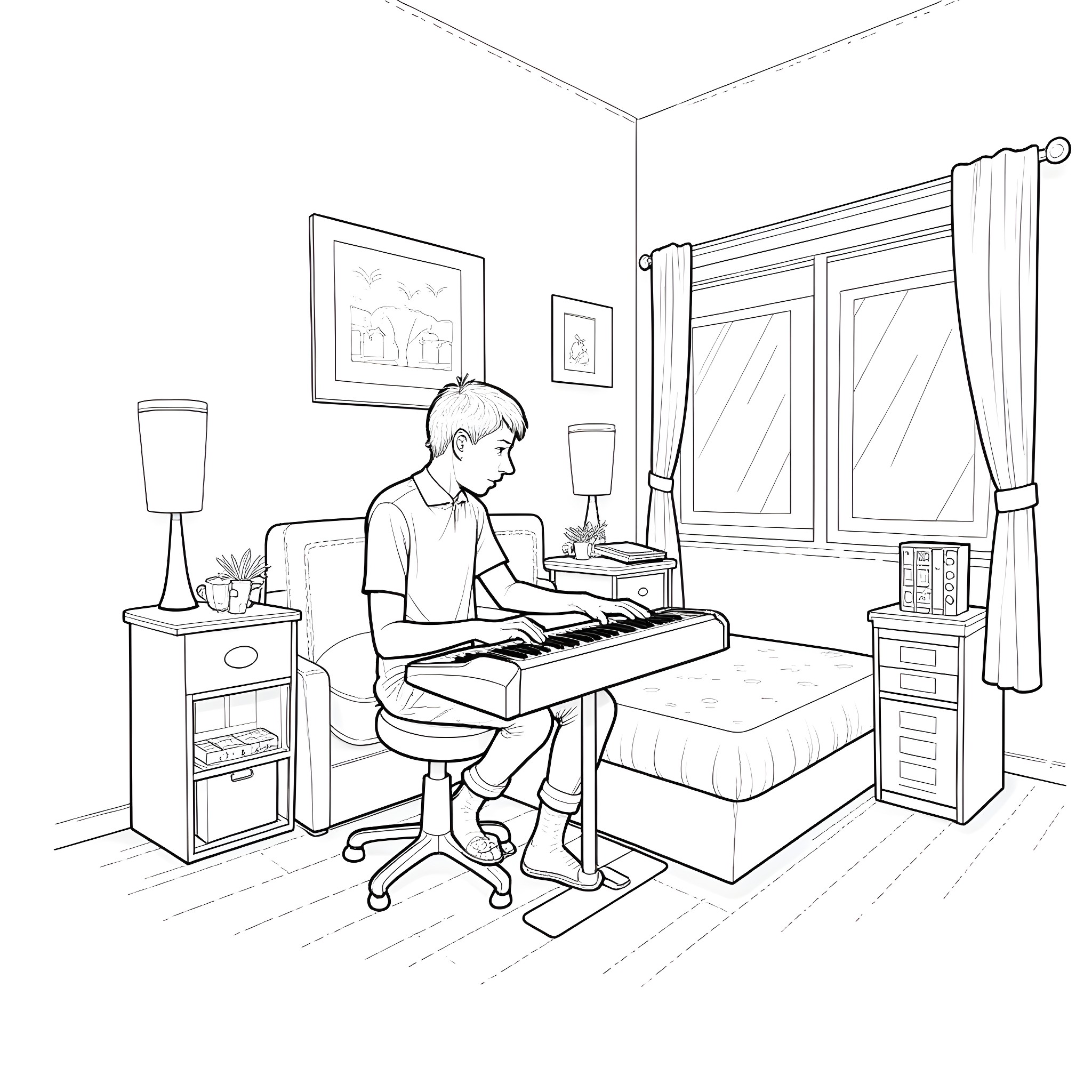 Guy playing keyboard in cozy bedroom Coloring Page (free black-and-white line drawing printable PDF for all, from beginners to advanced learners, including children, teens, adults, and seniors)