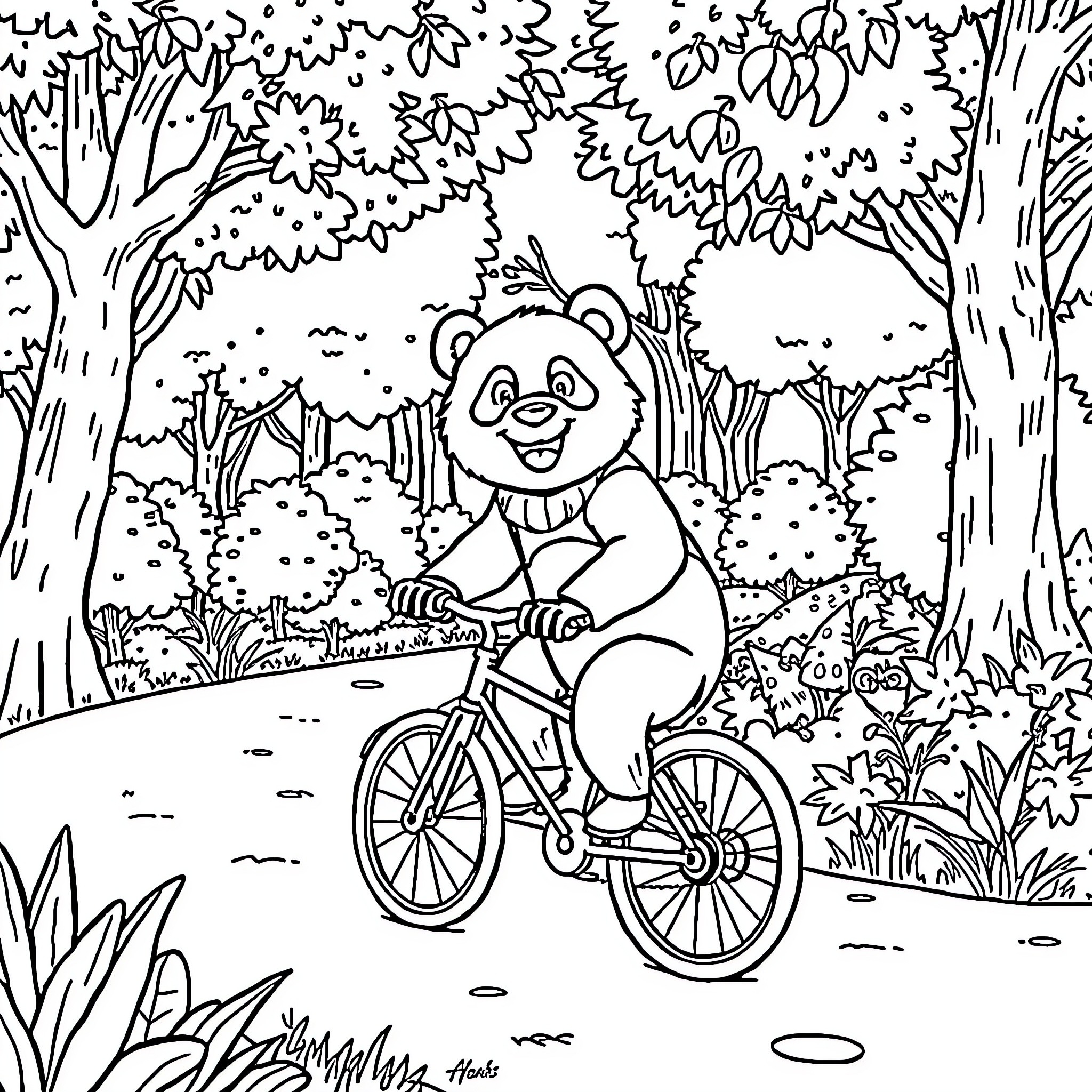 Panda riding a bicycle in a forest scene Coloring Page (free black-and-white line drawing printable PDF for all, from beginners to advanced learners, including children, teens, adults, and seniors)