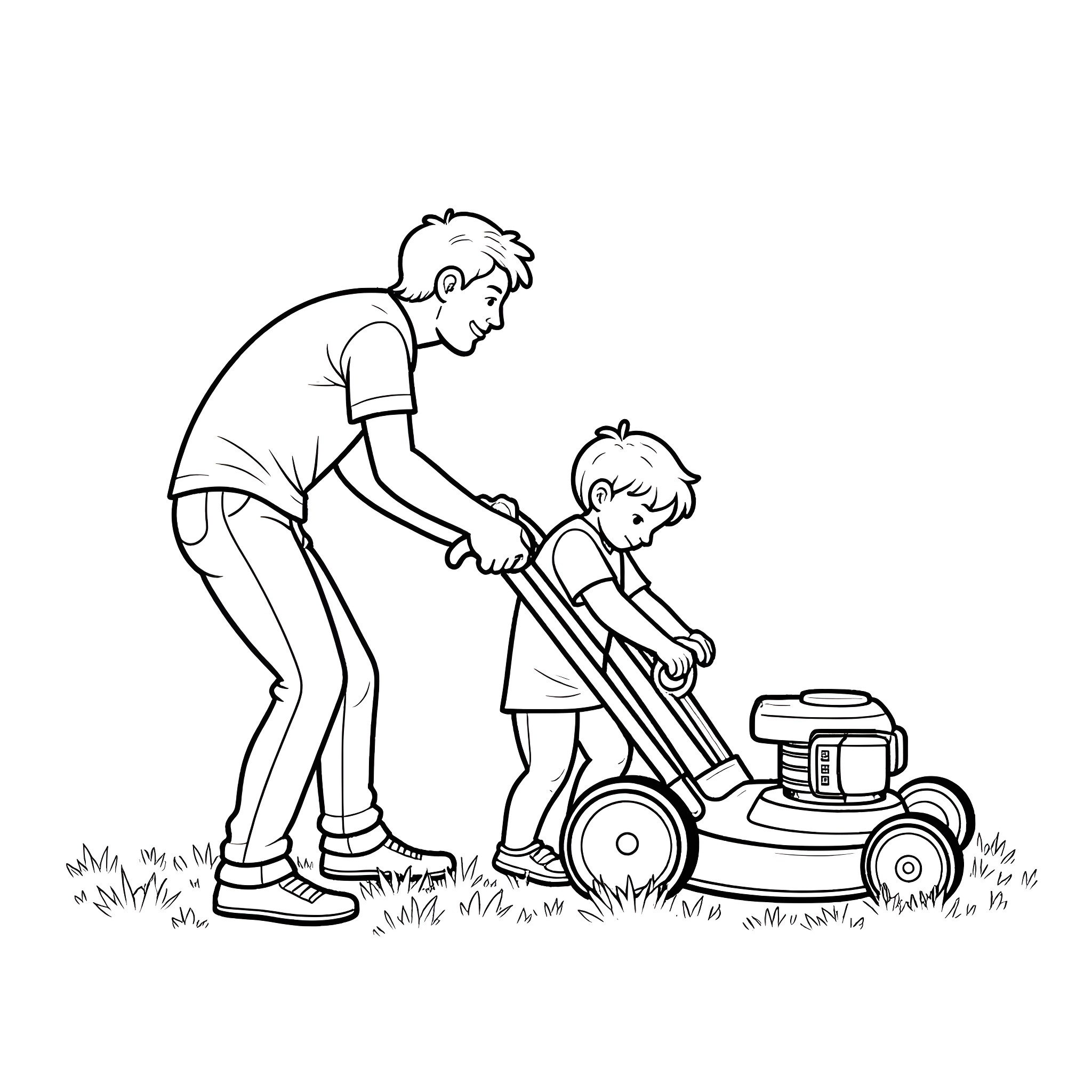 Father and Son Mowing the Lawn Together Coloring Page (free black-and-white line drawing printable PDF for all, from beginners to advanced learners, including children, teens, adults, and seniors)