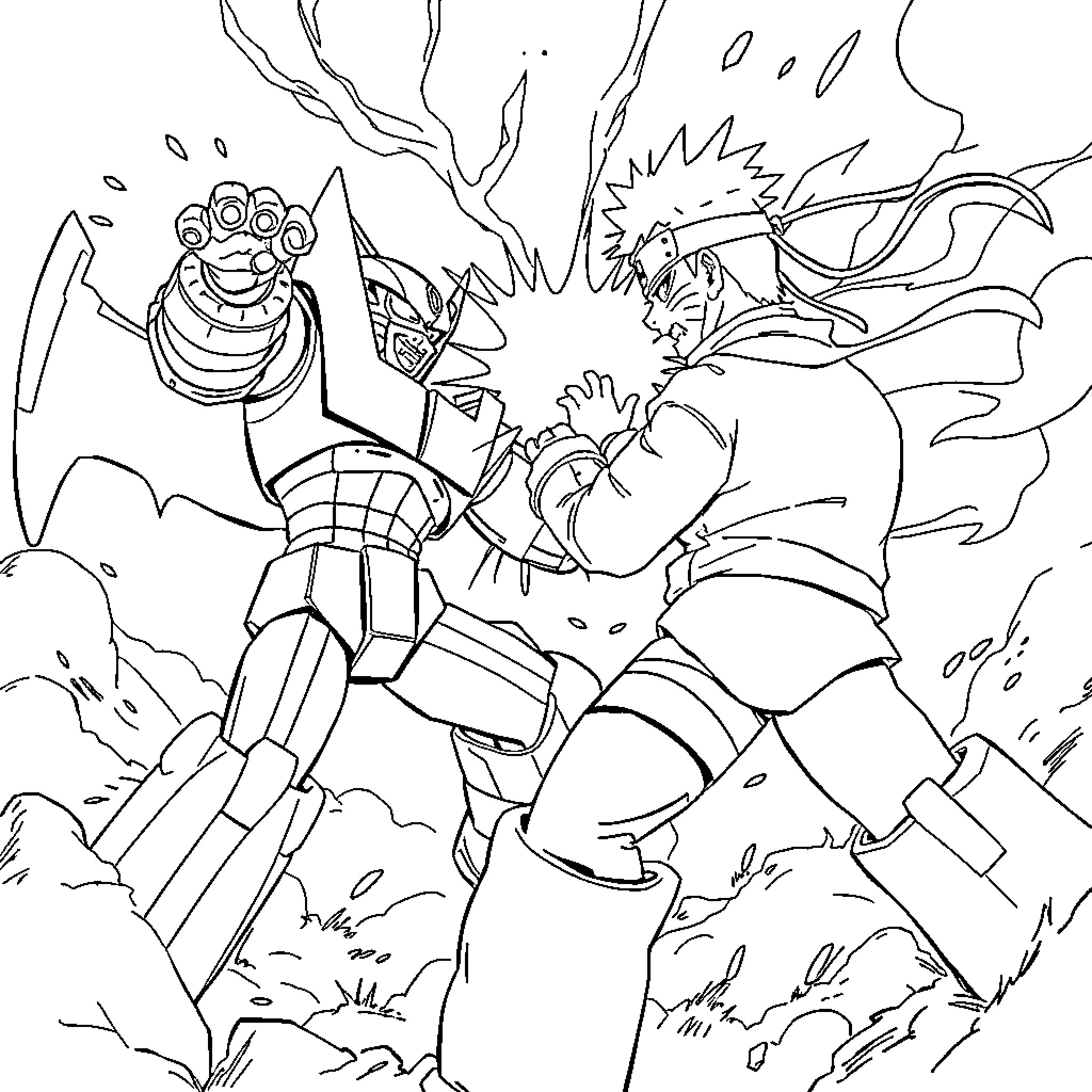 Mazinger Z heroically battling a formidable enemy Coloring Page (free black-and-white line drawing printable PDF for all, from beginners to advanced learners, including children, teens, adults, and seniors)