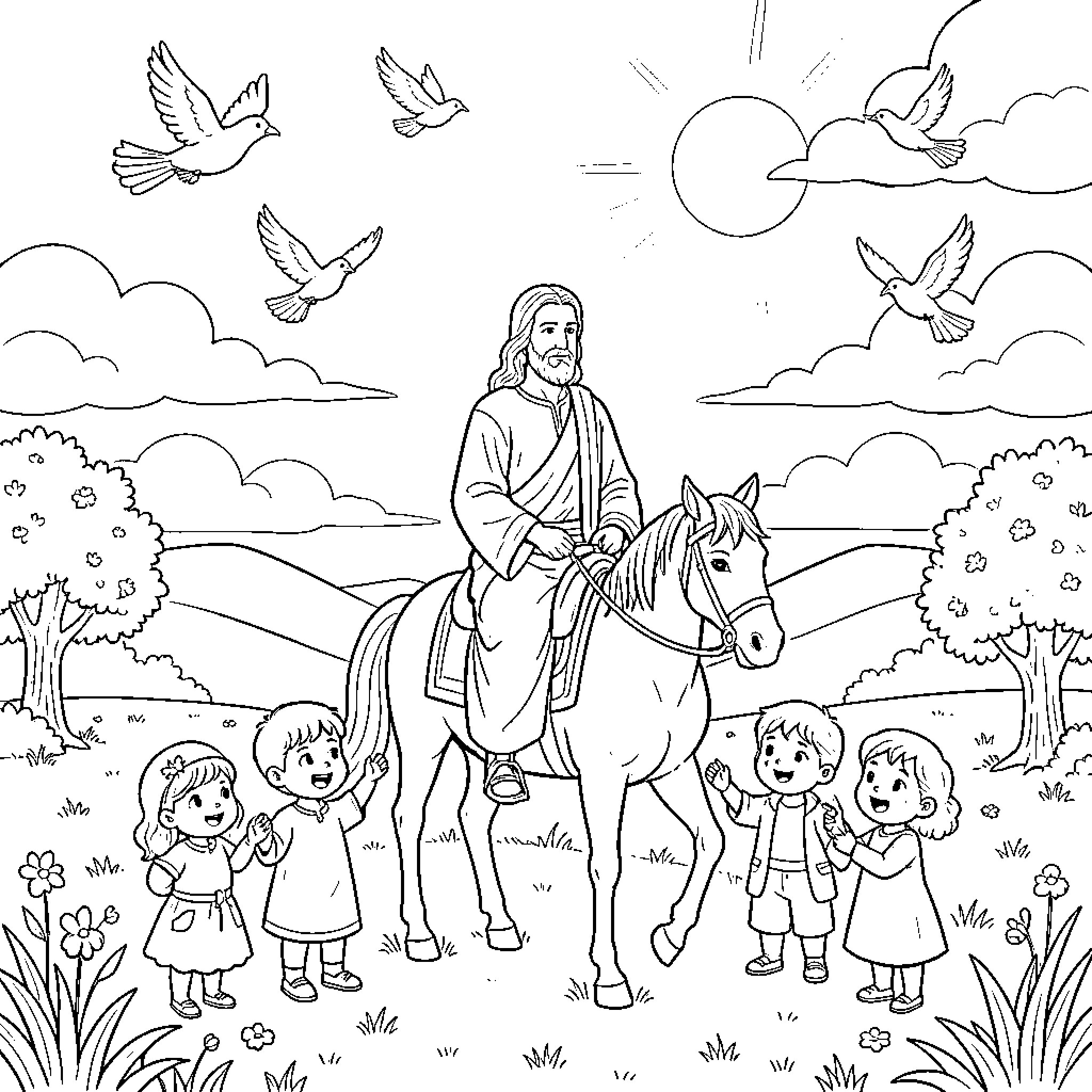 Jesus riding on a white horse, surrounded by children Coloring Page (free black-and-white line drawing printable PDF for all, from beginners to advanced learners, including children, teens, adults, and seniors)