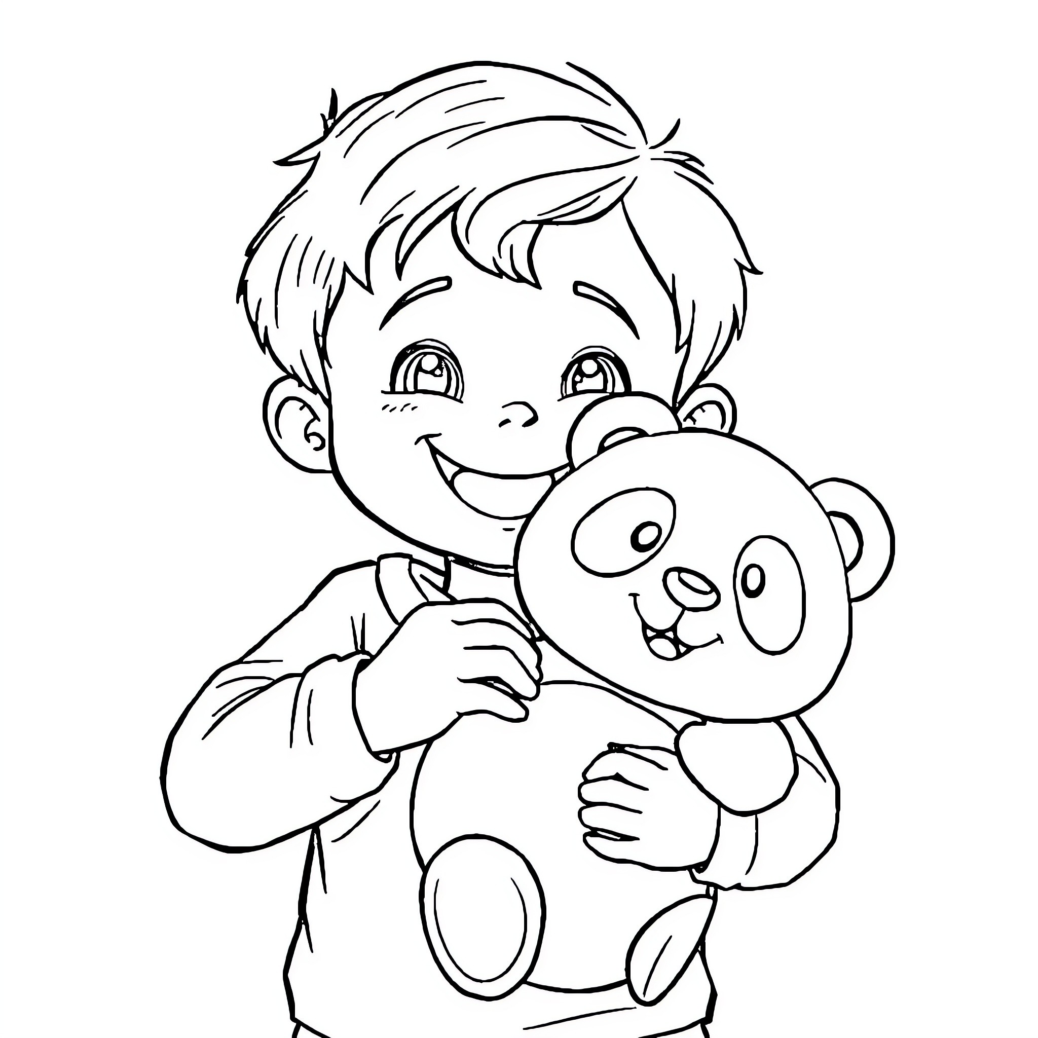 Kid happily holding cute plush toy Coloring Page (free black-and-white line drawing printable PDF for all, from beginners to advanced learners, including children, teens, adults, and seniors)