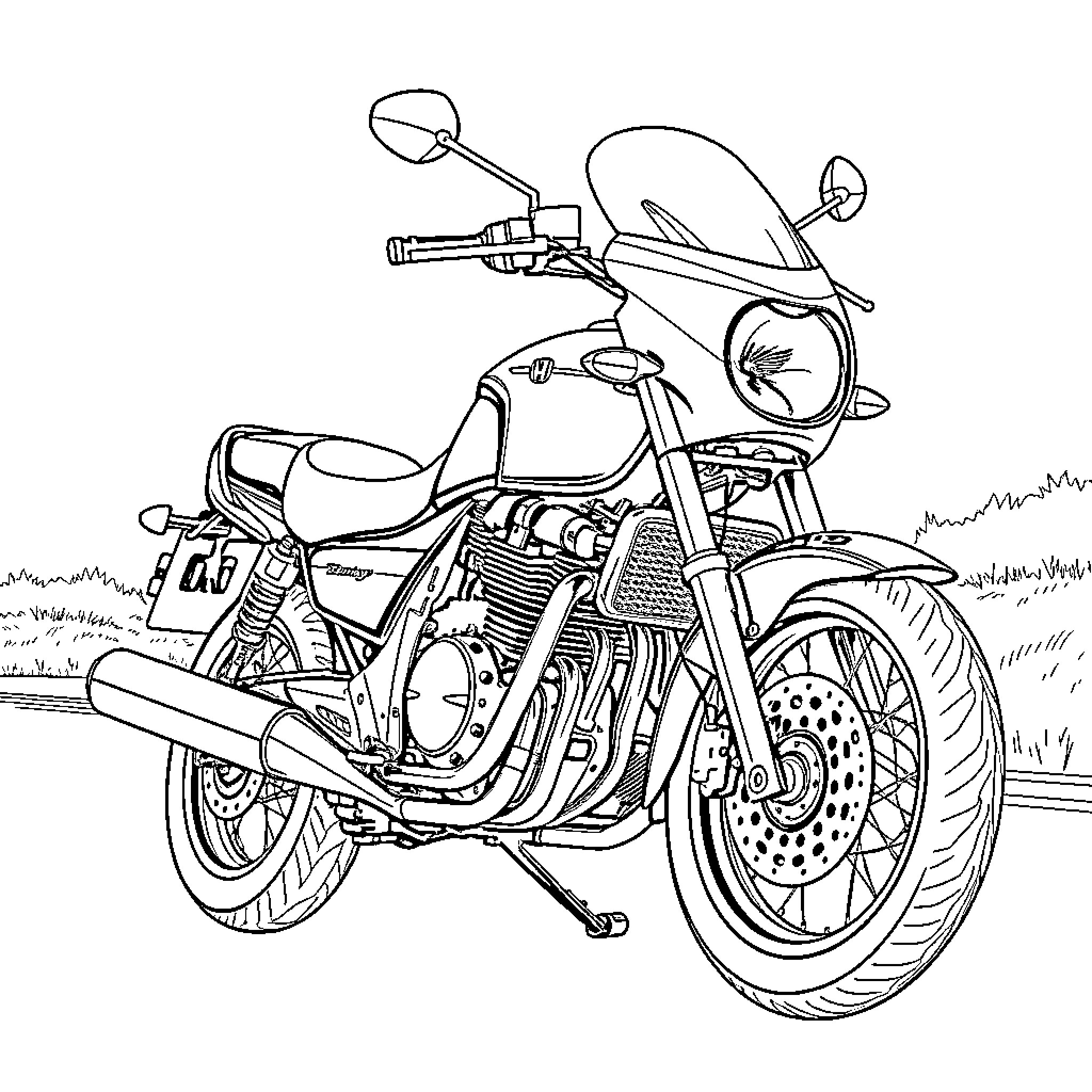 Honda V-65 Magna motorcycle in natural setting Coloring Page (free black-and-white line drawing printable PDF for all, from beginners to advanced learners, including children, teens, adults, and seniors)