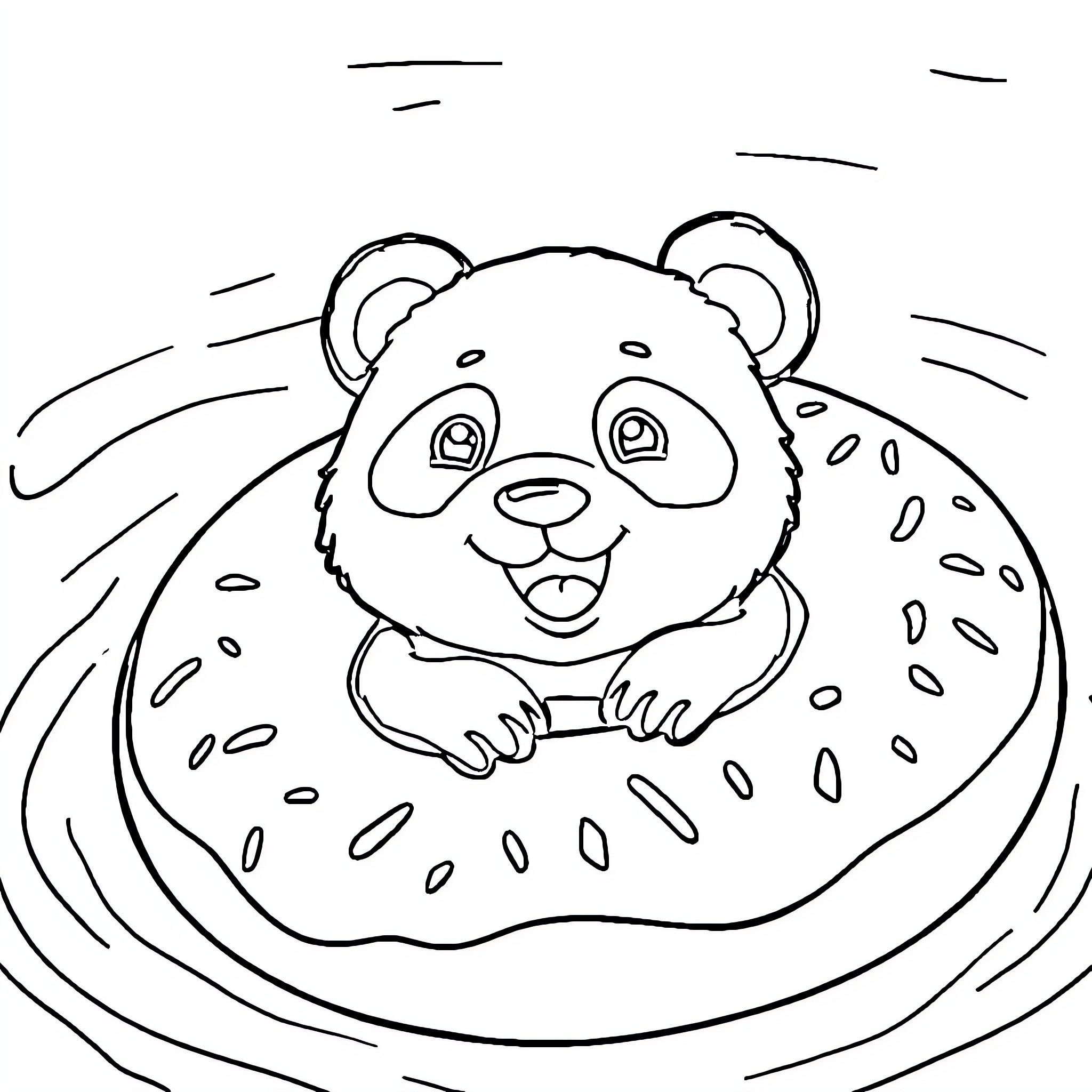Panda playing joyfully in puddle Coloring Page (free black-and-white line drawing printable PDF for all, from beginners to advanced learners, including children, teens, adults, and seniors)