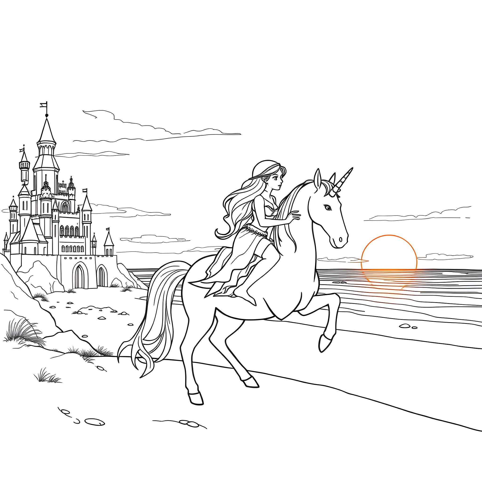 Mermaid riding a unicorn by the castle Coloring Page (free black-and-white line drawing printable PDF for all, from beginners to advanced learners, including children, teens, adults, and seniors)
