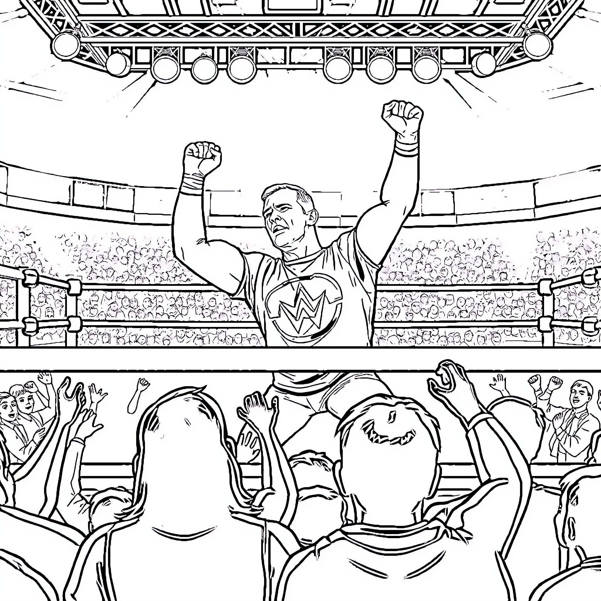 John Cena Triumphs in Wrestling Match at Stadium Coloring Page (free black-and-white line drawing printable PDF for all, from beginners to advanced learners, including children, teens, adults, and seniors)