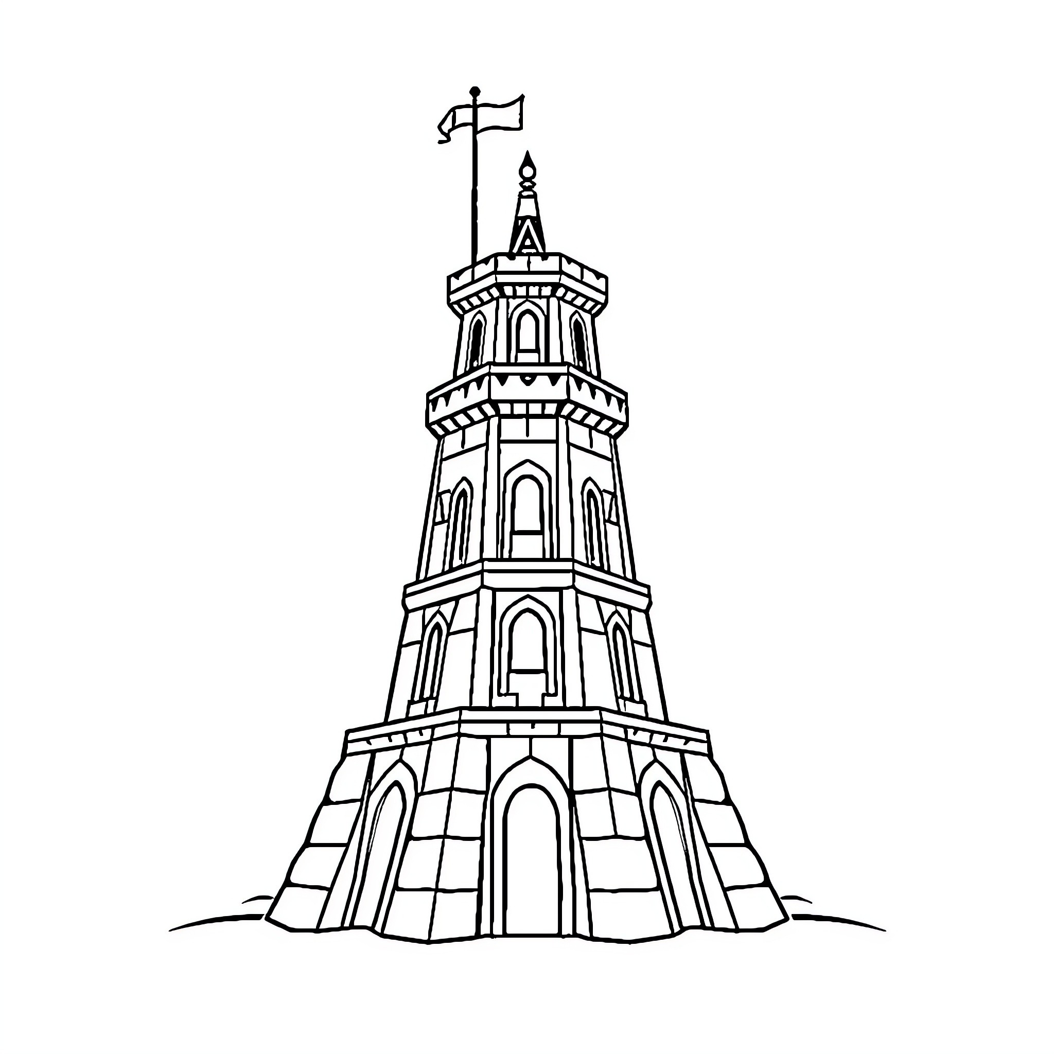 Tower of Babel depicting intricate architectural design Coloring Page (free black-and-white line drawing printable PDF for all, from beginners to advanced learners, including children, teens, adults, and seniors)