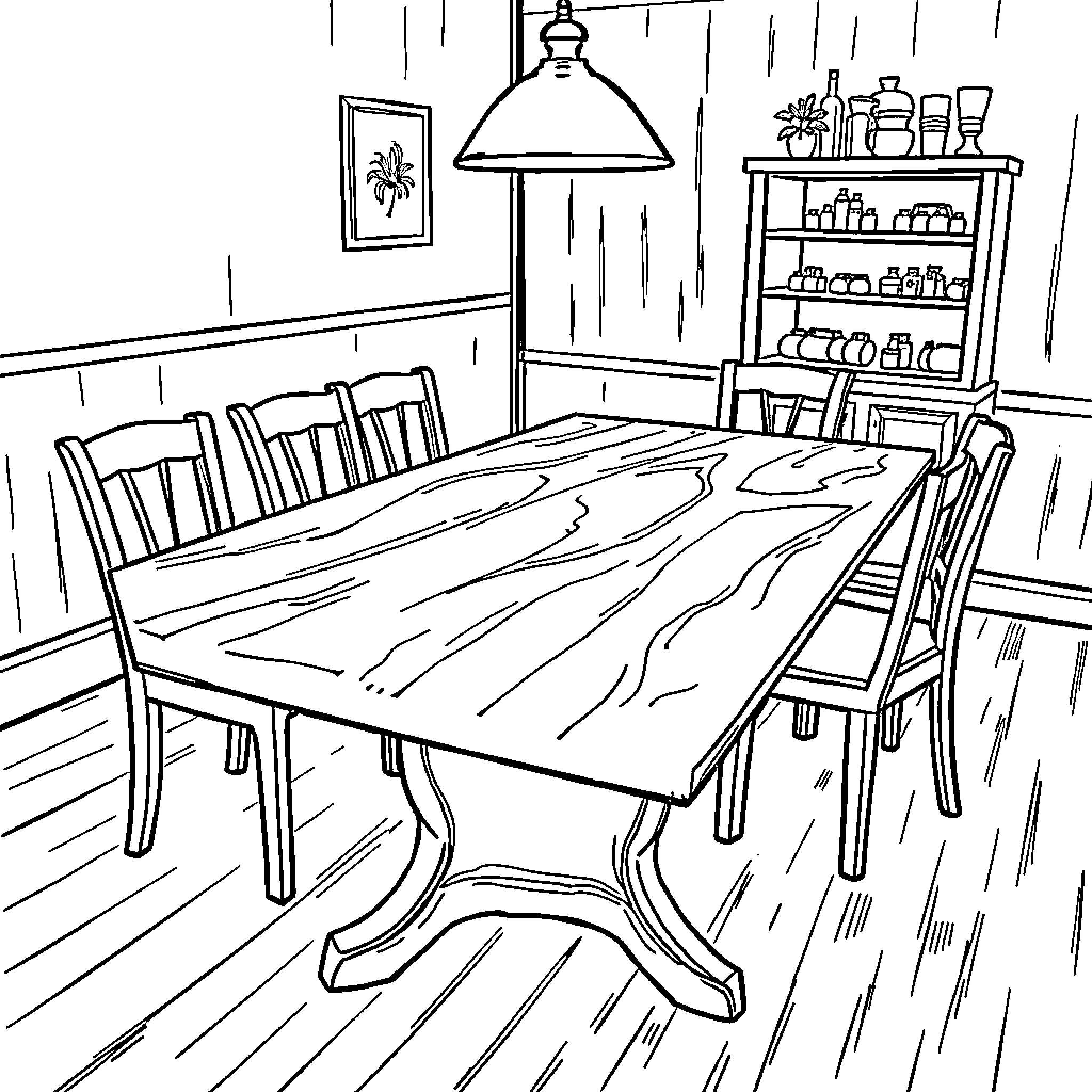 Table with chairs in a cozy dining room setting Coloring Page (free black-and-white line drawing printable PDF for all, from beginners to advanced learners, including children, teens, adults, and seniors)
