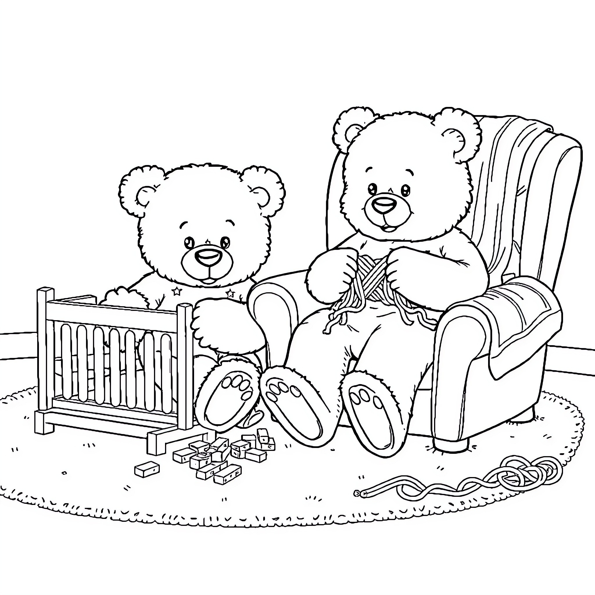 Teddy Bears playing with toys in nursery Coloring Page (free black-and-white line drawing printable PDF for all, from beginners to advanced learners, including children, teens, adults, and seniors)