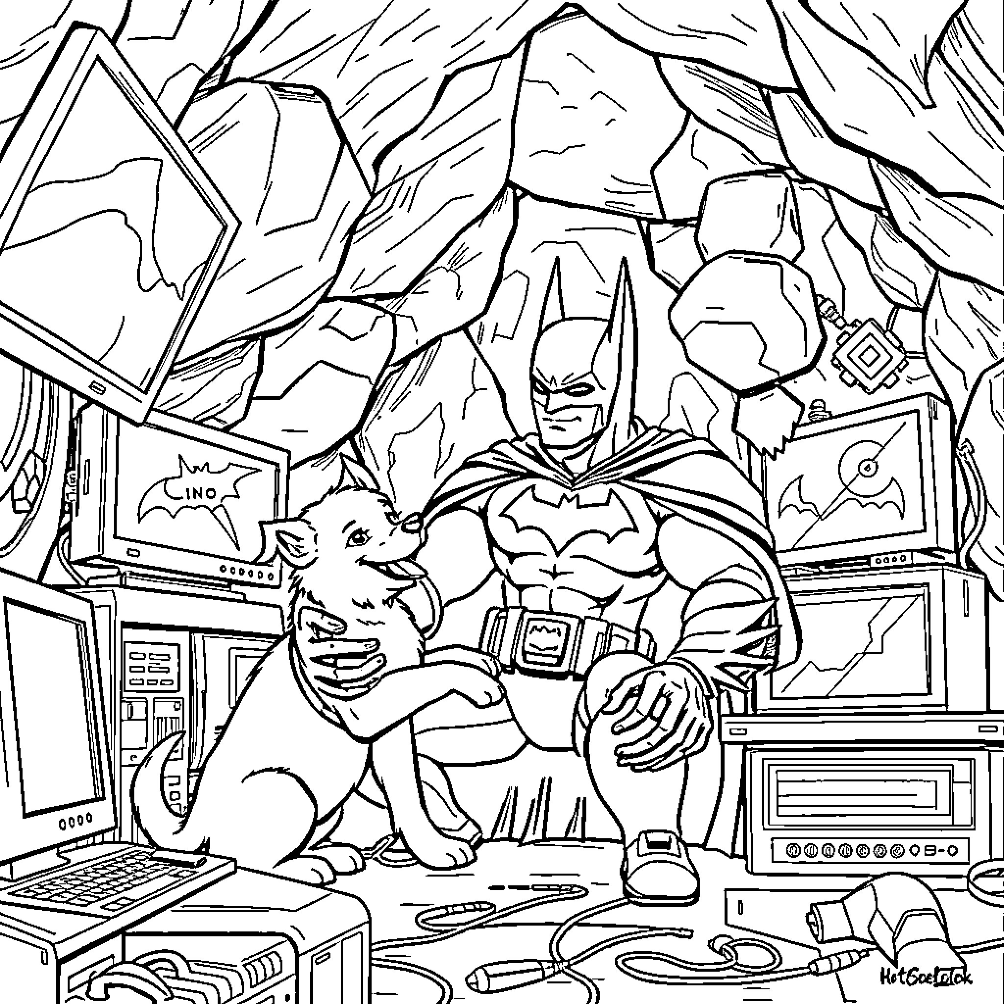 Batman in his dark cave with trusted companion Coloring Page (free black-and-white line drawing printable PDF for all, from beginners to advanced learners, including children, teens, adults, and seniors)