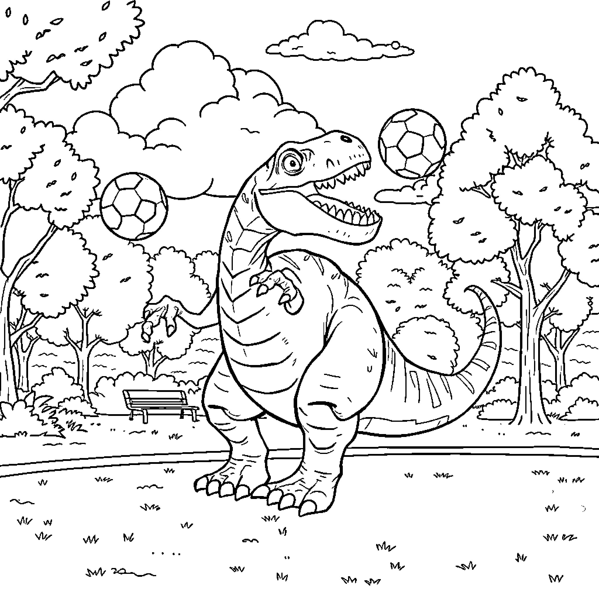 Dinosaur playing with soccer balls in the park Coloring Page (free black-and-white line drawing printable PDF for all, from beginners to advanced learners, including children, teens, adults, and seniors)