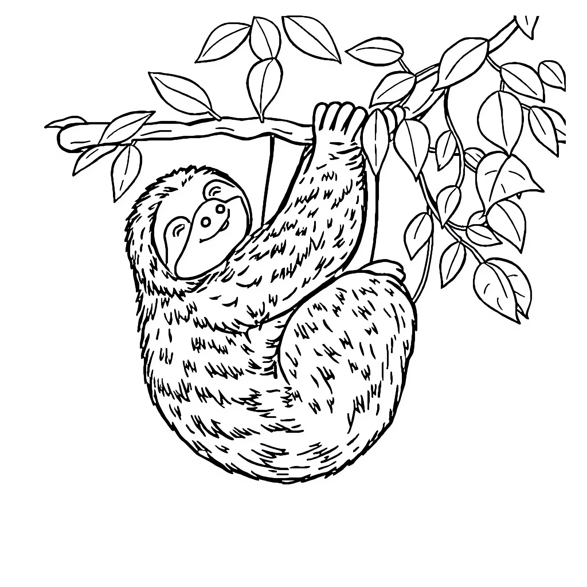 Sloth relaxing in the tree branches Coloring Page (free black-and-white line drawing printable PDF for all, from beginners to advanced learners, including children, teens, adults, and seniors)