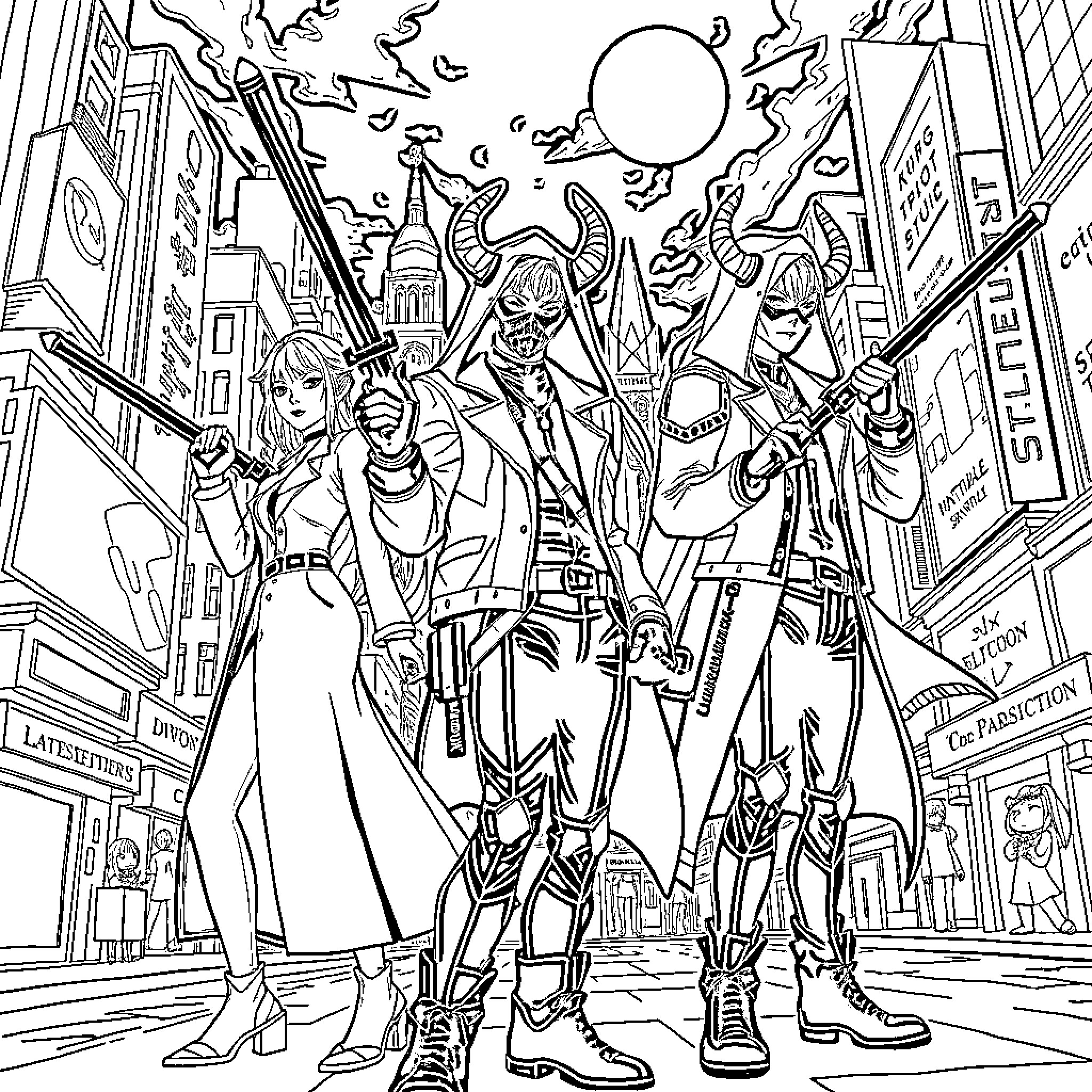 Demon Hunter Warriors Battling in Dystopian City Coloring Page (free black-and-white line drawing printable PDF for all, from beginners to advanced learners, including children, teens, adults, and seniors)