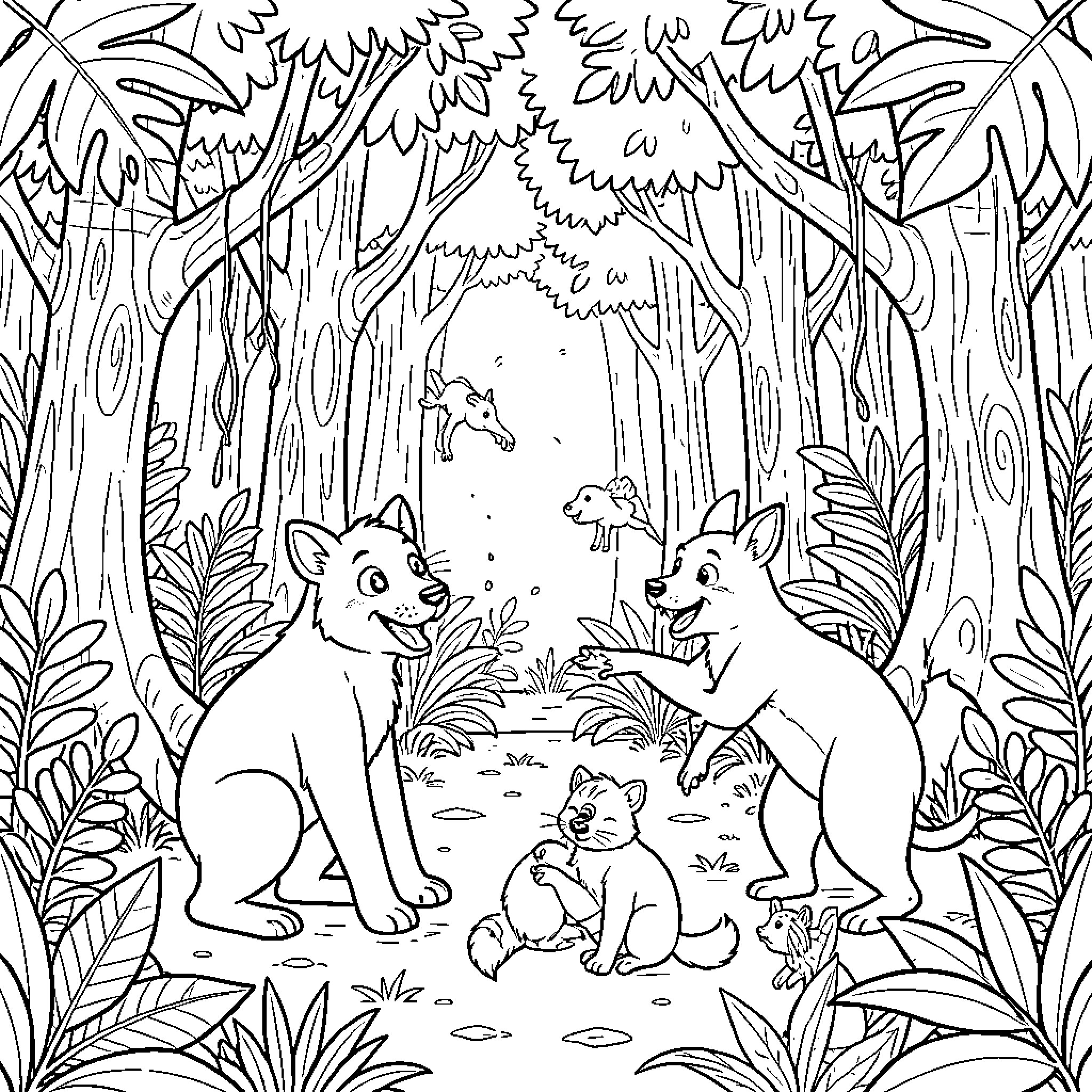 Jungle Animals Exploring Lush Forest Habitat Coloring Page (free black-and-white line drawing printable PDF for all, from beginners to advanced learners, including children, teens, adults, and seniors)