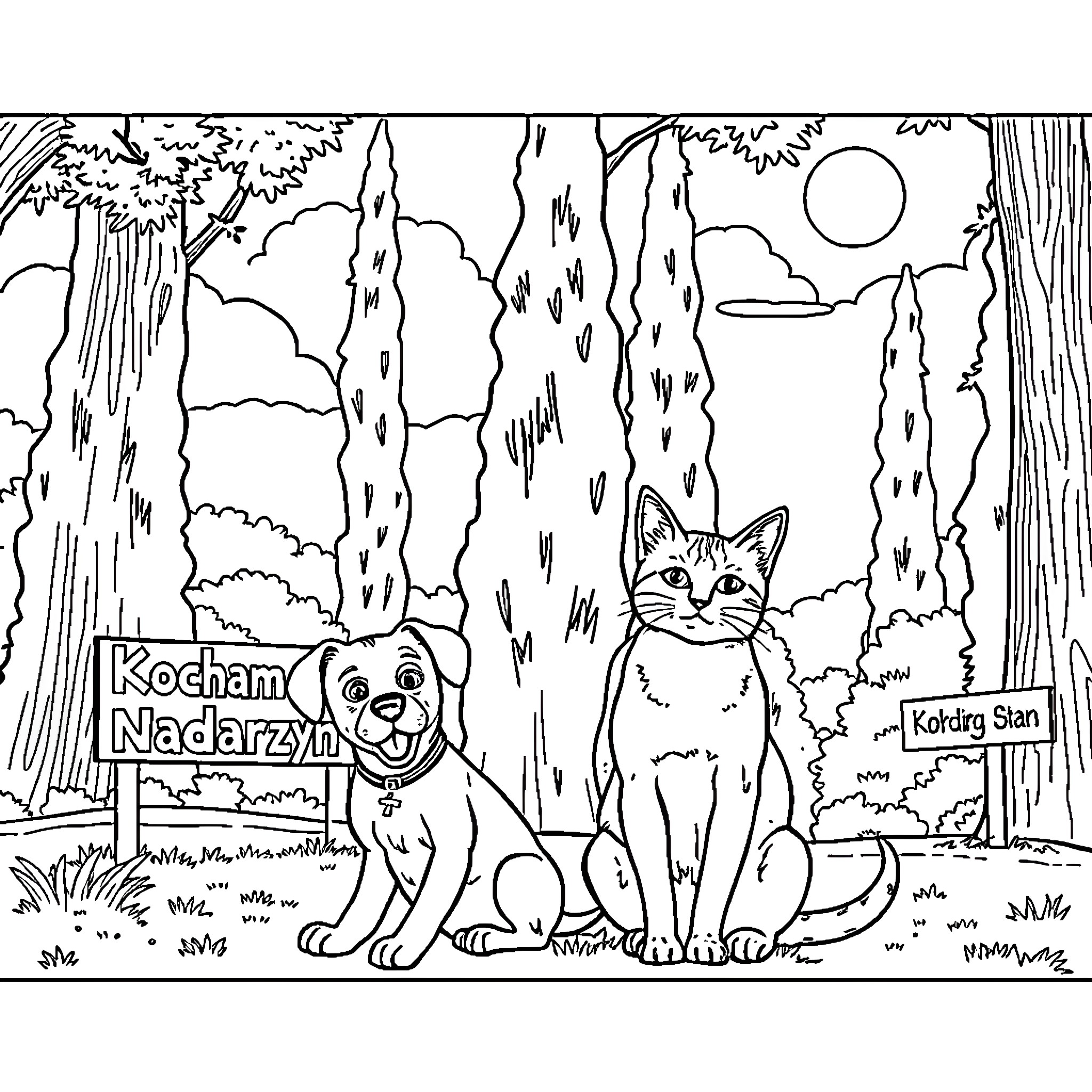 Dog and cat enjoying nature in the park Coloring Page (free black-and-white line drawing printable PDF for all, from beginners to advanced learners, including children, teens, adults, and seniors)