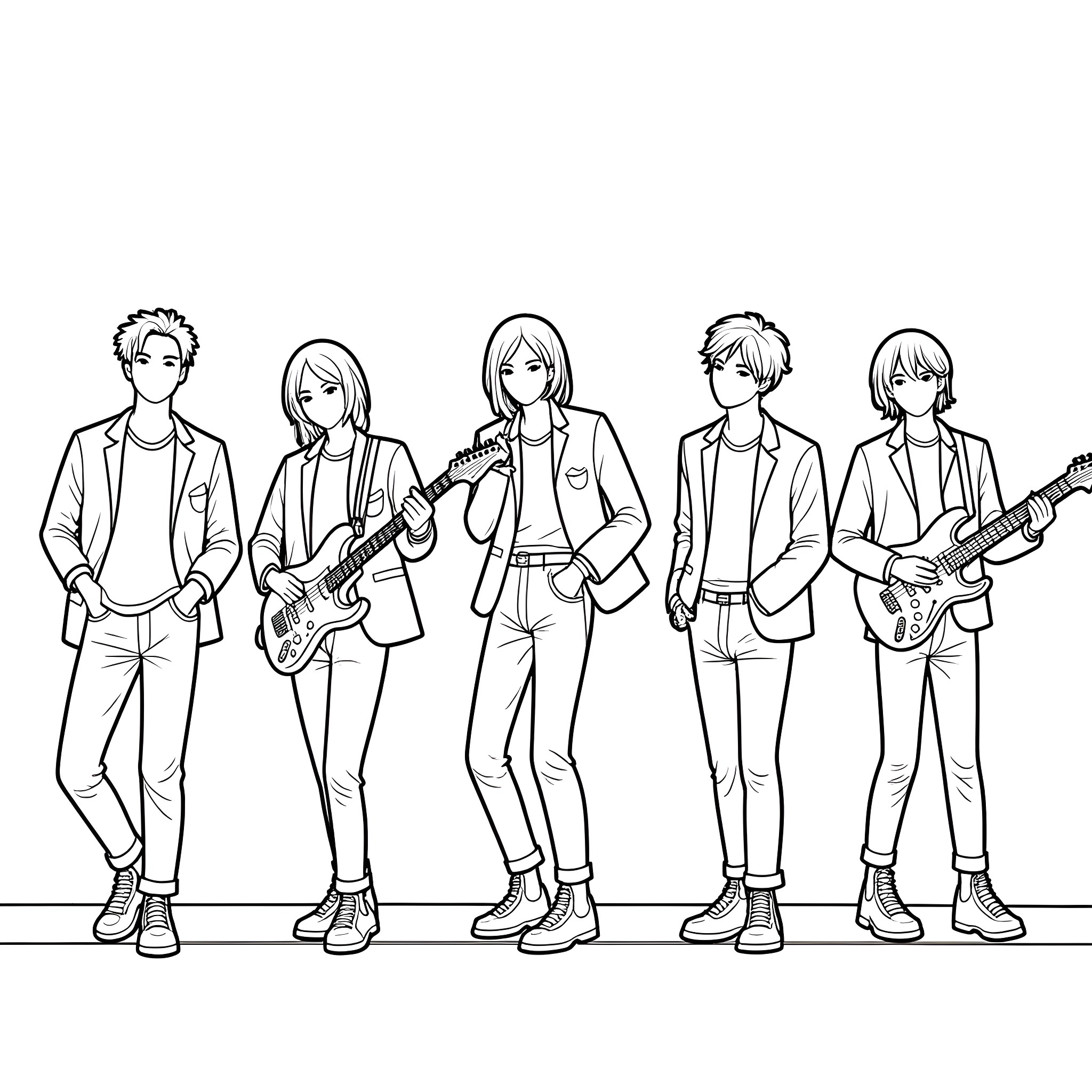 Aespa members posing with musical instruments Coloring Page (free black-and-white line drawing printable PDF for all, from beginners to advanced learners, including children, teens, adults, and seniors)