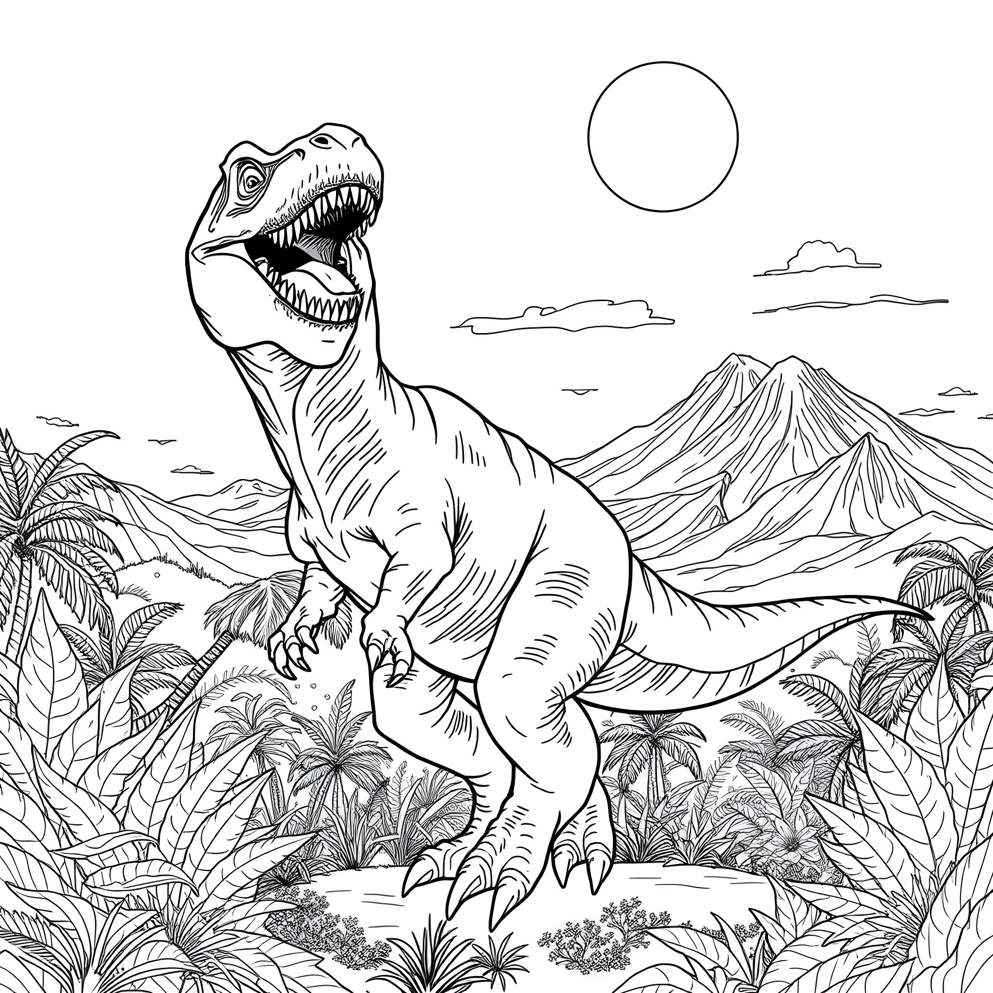 Dinosaur roaring in the prehistoric landscape Coloring Page (free black-and-white line drawing printable PDF for all, from beginners to advanced learners, including children, teens, adults, and seniors)
