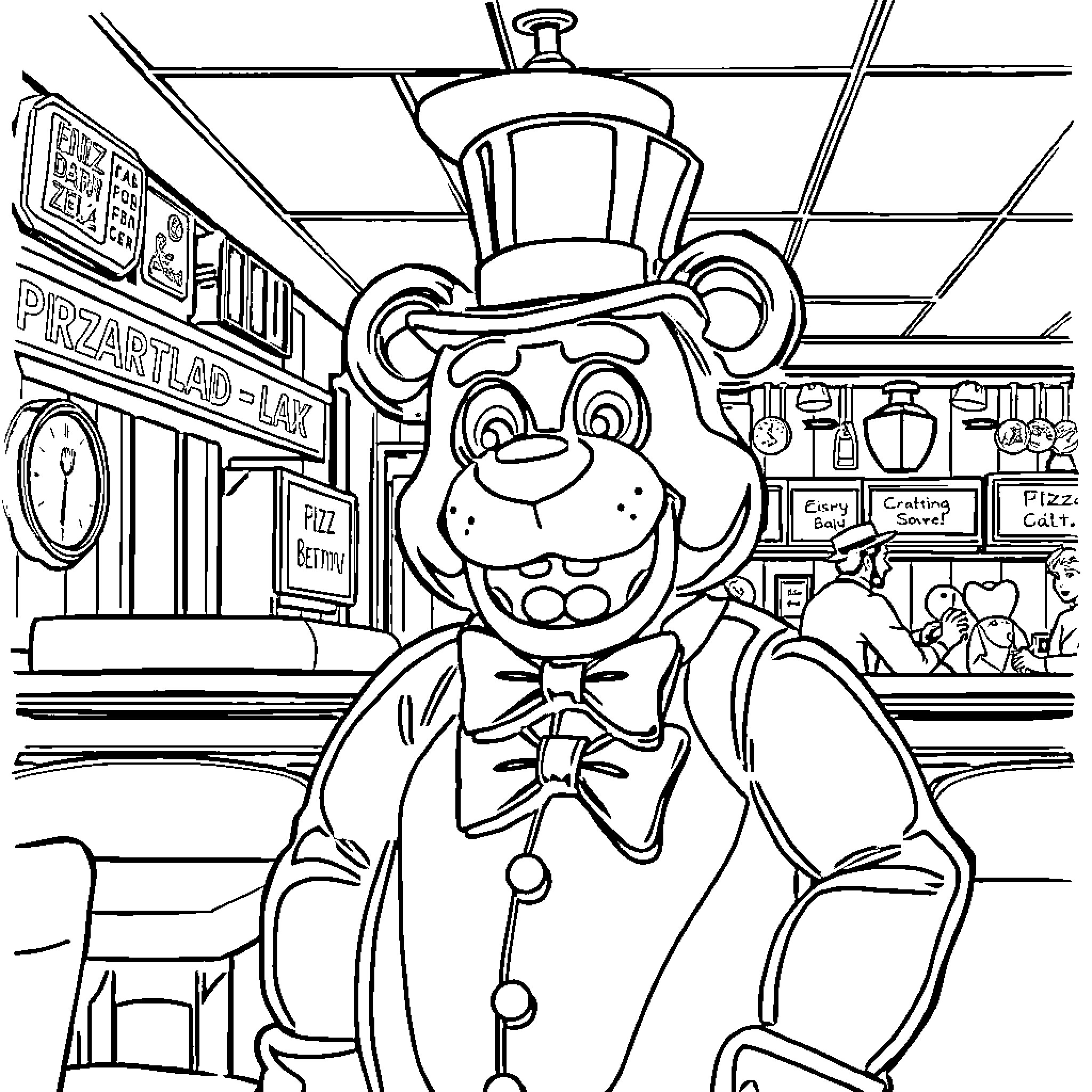 Freddy Fazbear in a Pizzeria Setting Coloring Page (free black-and-white line drawing printable PDF for all, from beginners to advanced learners, including children, teens, adults, and seniors)