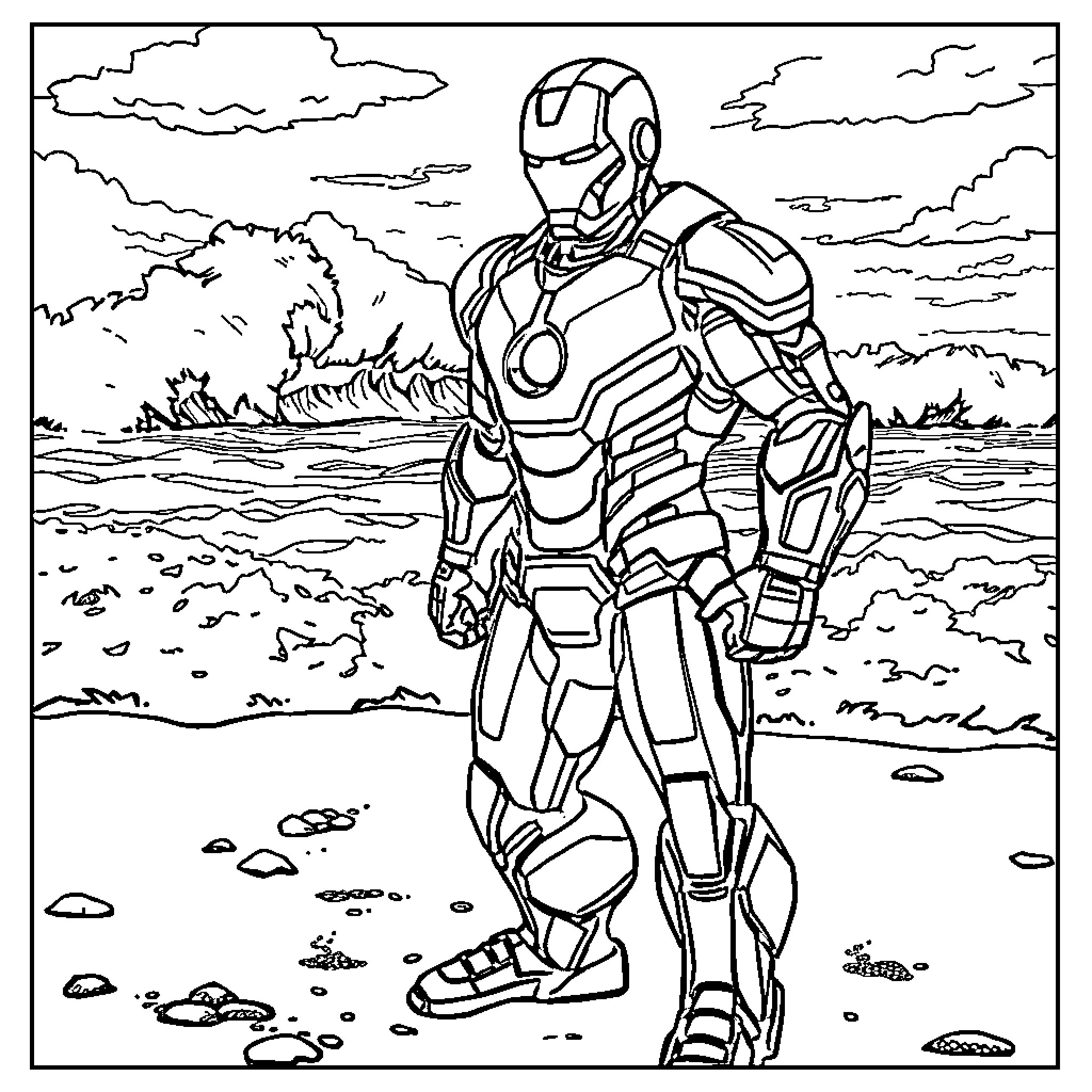 Ironman standing heroically in the wilderness Coloring Page (free black-and-white line drawing printable PDF for all, from beginners to advanced learners, including children, teens, adults, and seniors)