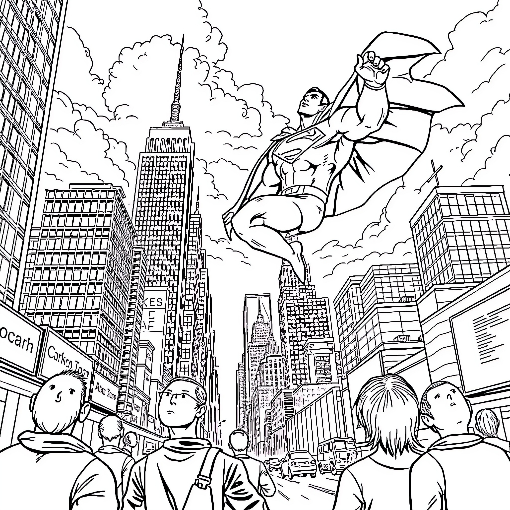 Superman soaring over city skyscrapers Coloring Page (free black-and-white line drawing printable PDF for all, from beginners to advanced learners, including children, teens, adults, and seniors)
