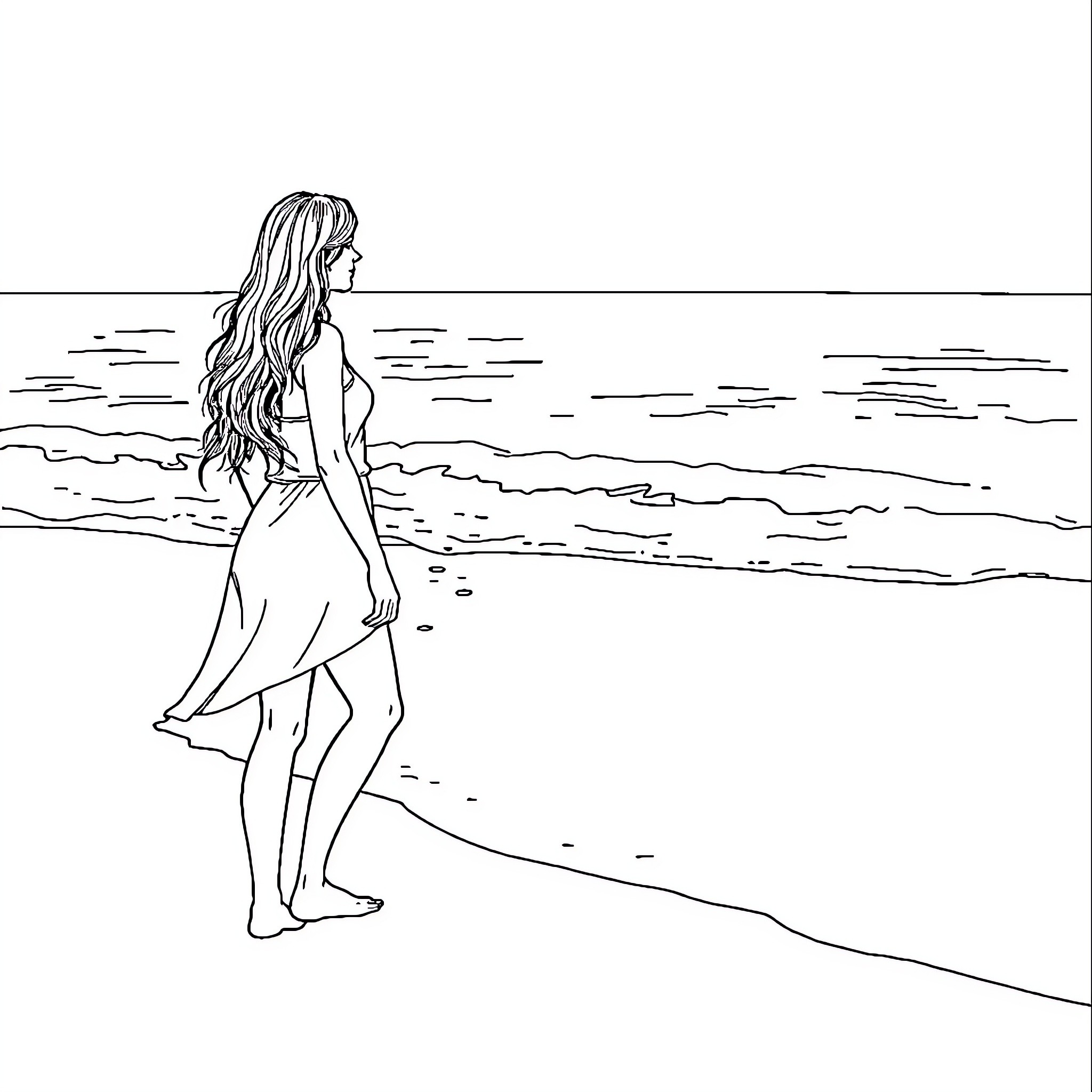 Woman standing alone on the beach Coloring Page (free black-and-white line drawing printable PDF for all, from beginners to advanced learners, including children, teens, adults, and seniors)