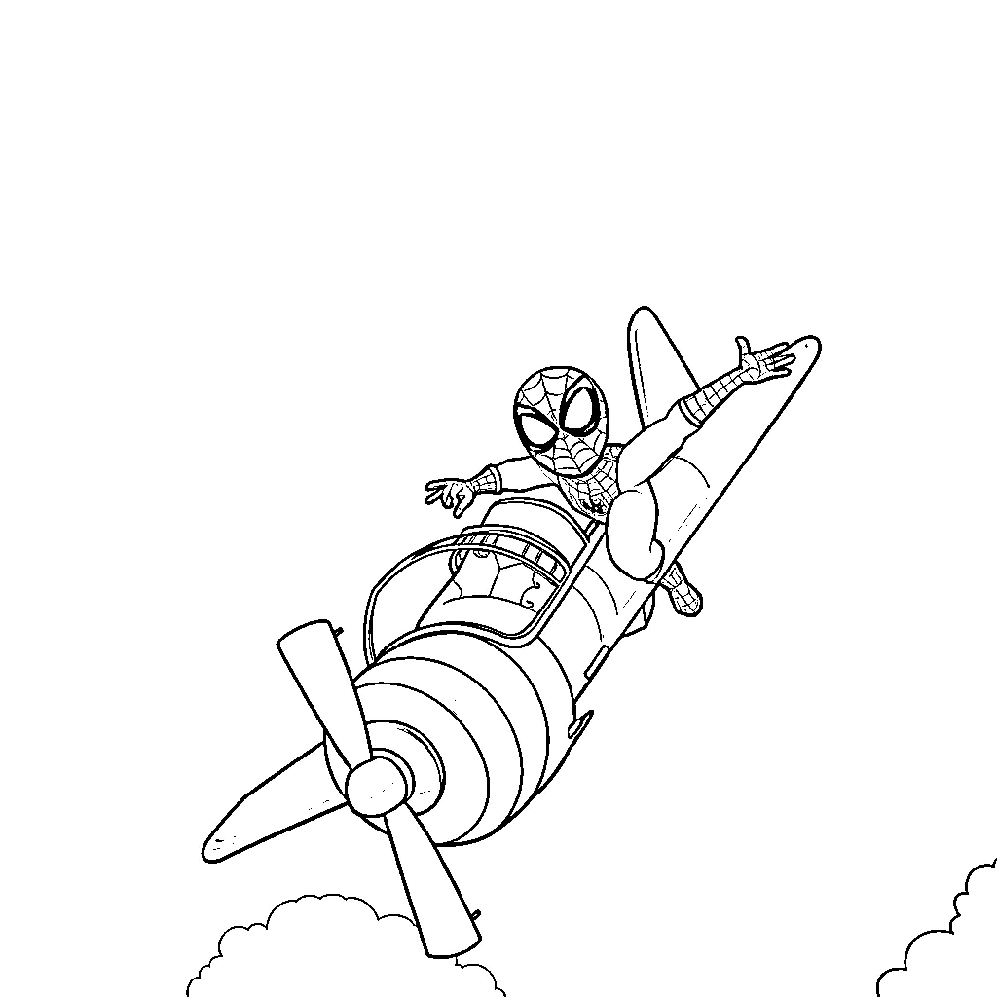 Bluey soaring through the sky on an airplane Coloring Page (free black-and-white line drawing printable PDF for all, from beginners to advanced learners, including children, teens, adults, and seniors)