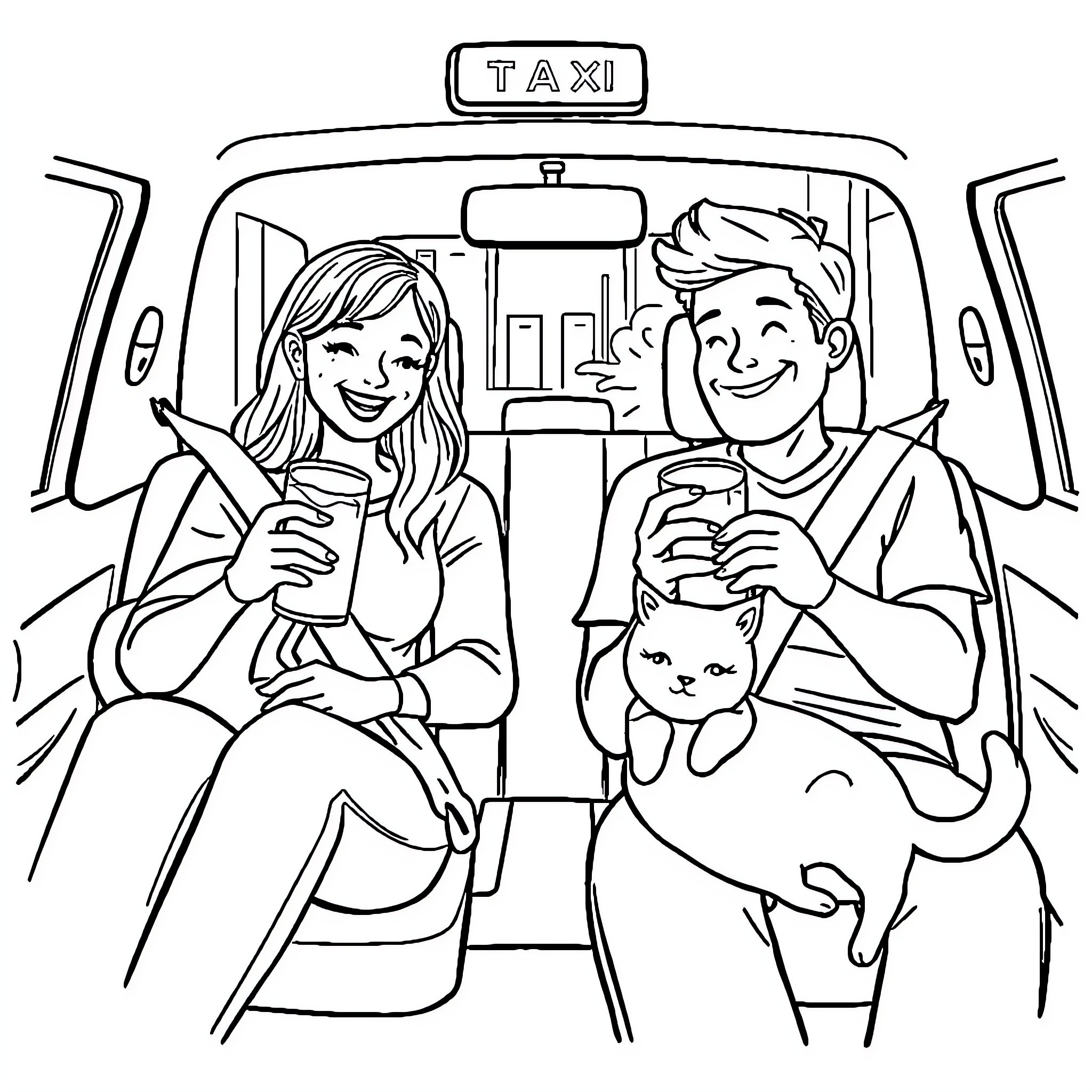 Taxi ride with cheerful passengers and a pet Coloring Page (free black-and-white line drawing printable PDF for all, from beginners to advanced learners, including children, teens, adults, and seniors)
