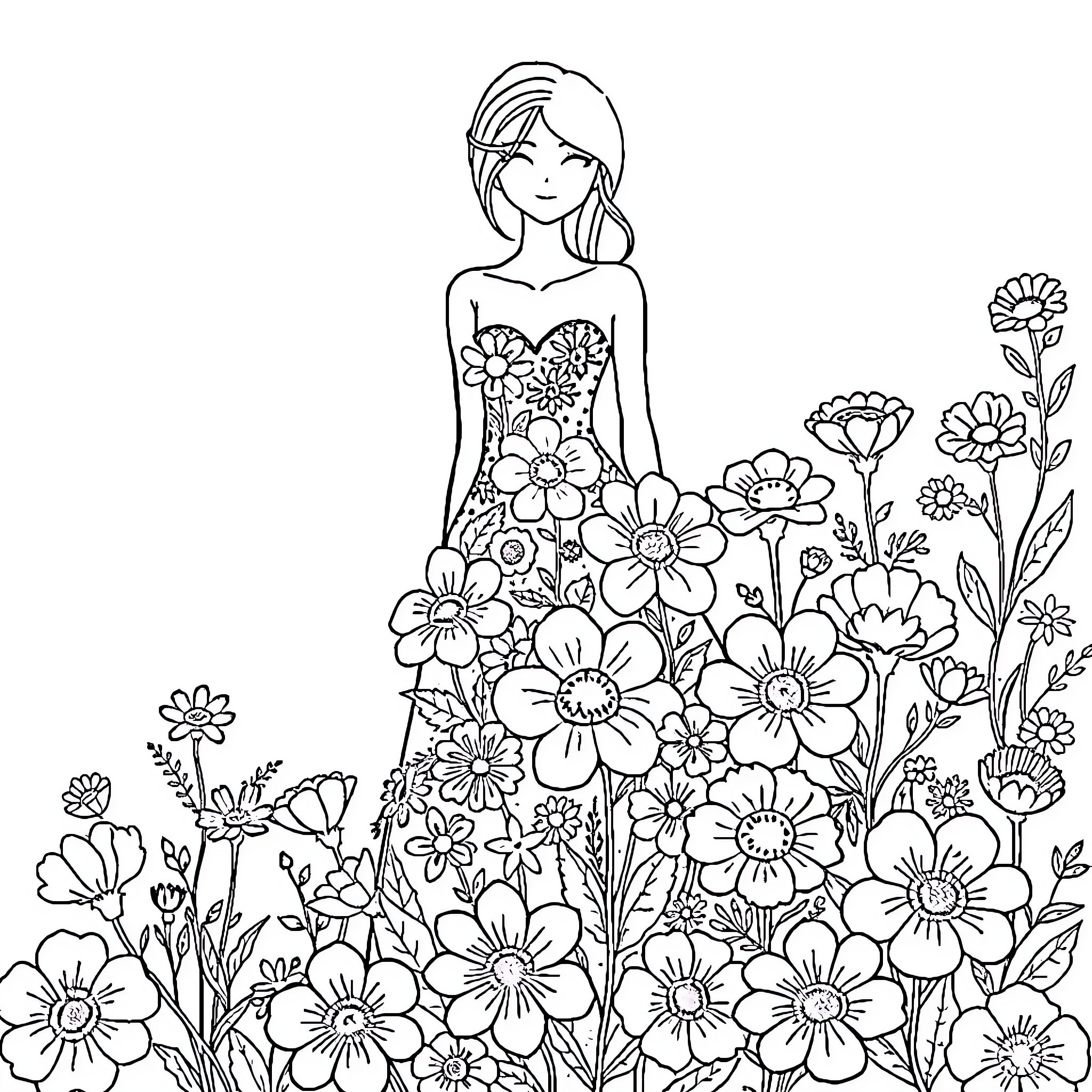 Dress Adorned with Vibrant Flowers Coloring Page (free black-and-white line drawing printable PDF for all, from beginners to advanced learners, including children, teens, adults, and seniors)