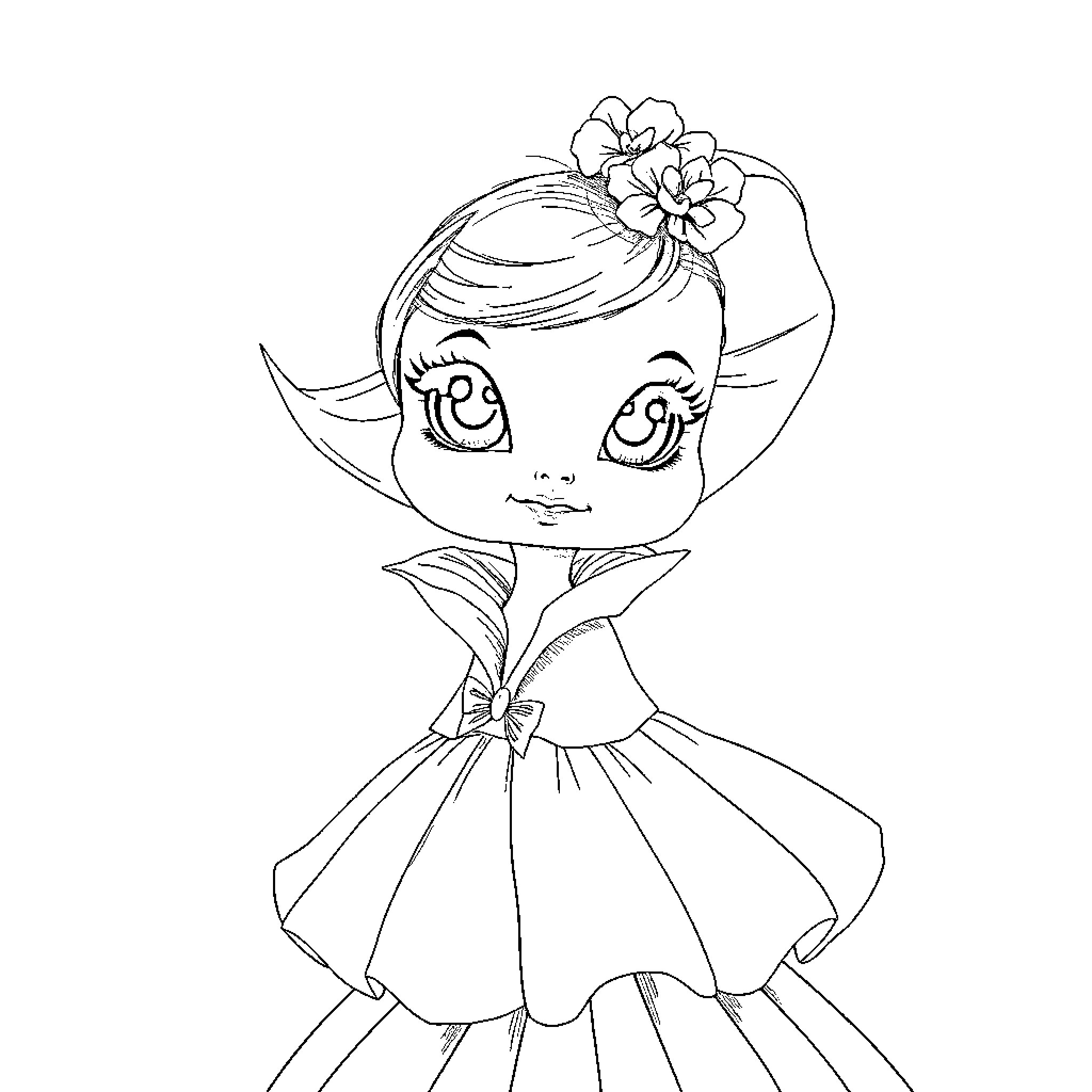 Doll in a whimsical dress with flowers Coloring Page (free black-and-white line drawing printable PDF for all, from beginners to advanced learners, including children, teens, adults, and seniors)