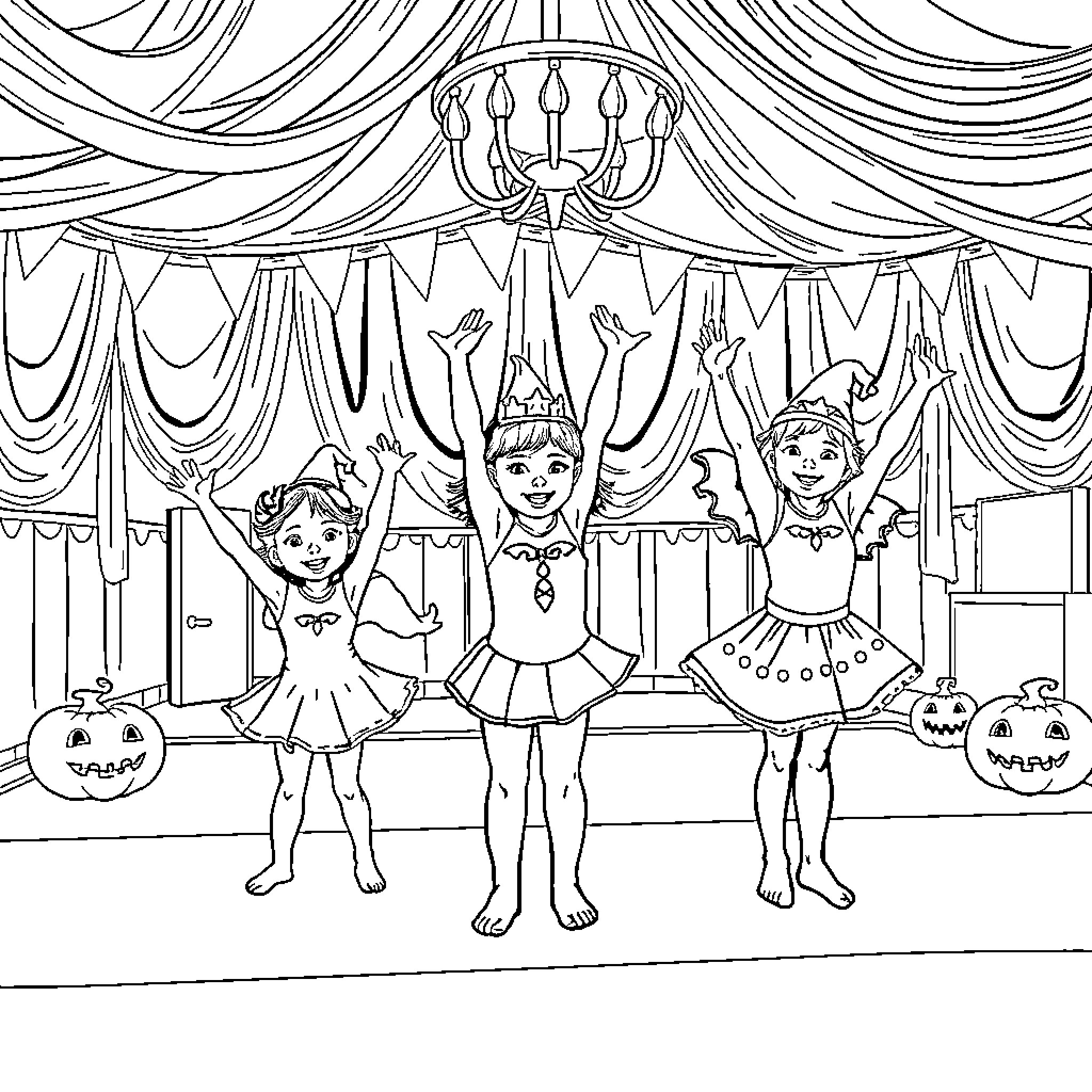 Gymnastics Performance at the Circus Coloring Page (free black-and-white line drawing printable PDF for all, from beginners to advanced learners, including children, teens, adults, and seniors)