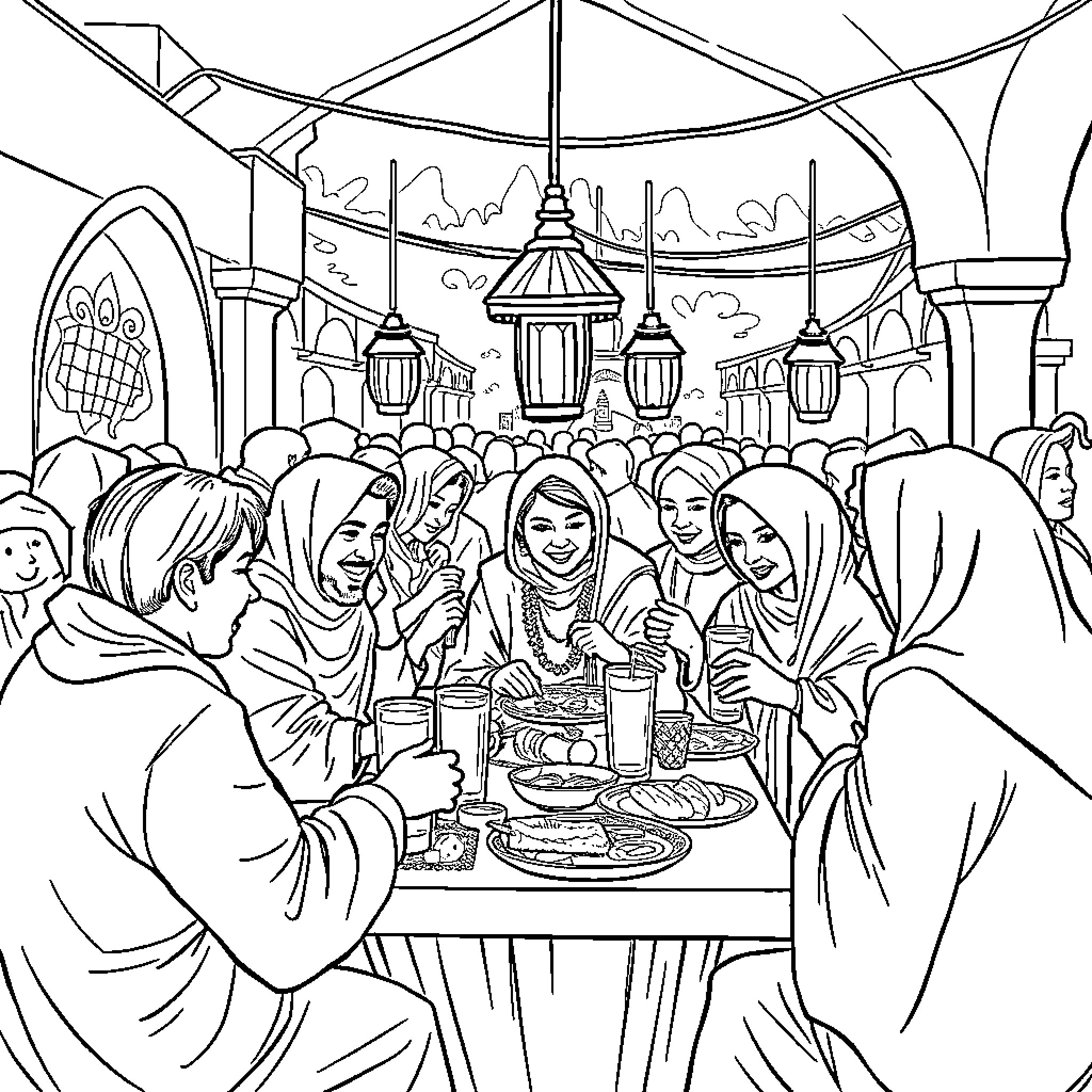 Tung Tung Gathering of Friends Enjoying Festive Meal Coloring Page (free black-and-white line drawing printable PDF for all, from beginners to advanced learners, including children, teens, adults, and seniors)