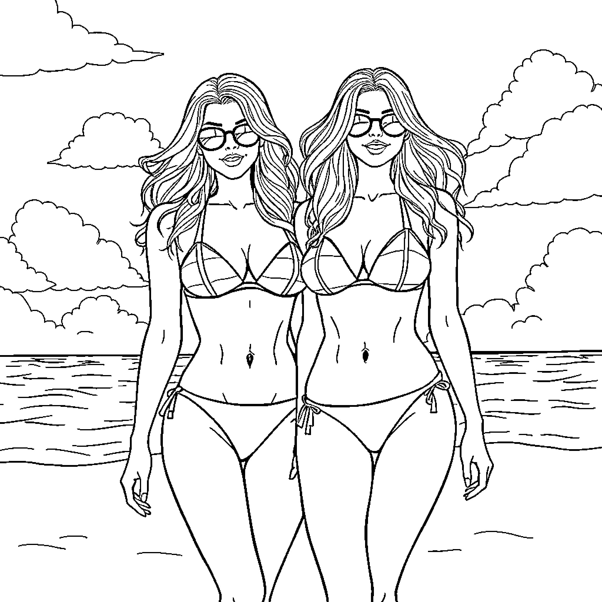 Blonde Beauties in Beach Bliss Coloring Page (free black-and-white line drawing printable PDF for all, from beginners to advanced learners, including children, teens, adults, and seniors)
