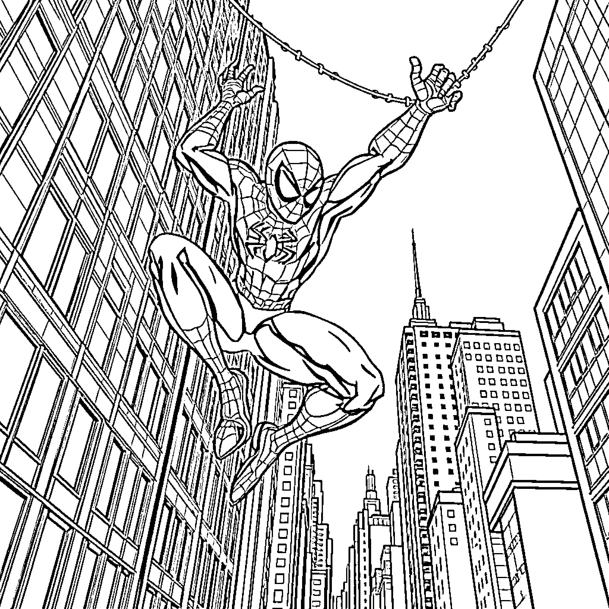 Spiderman swinging through the city skyline Coloring Page (free black-and-white line drawing printable PDF for all, from beginners to advanced learners, including children, teens, adults, and seniors)