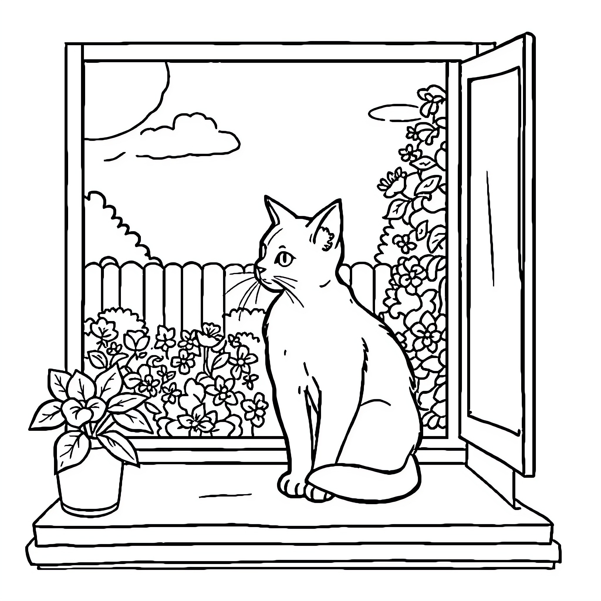 Cat observing flowers through open window Coloring Page (free black-and-white line drawing printable PDF for all, from beginners to advanced learners, including children, teens, adults, and seniors)